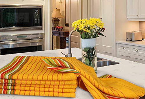 Urban Villa Mustard Waffle Stripes Kitchen Towels - Set of 6 Oversized 20x30 Inch 100% Cotton Highly Absorbent Dish Towels with Mitered Corners for Kitchen, Hand, and Tea Use