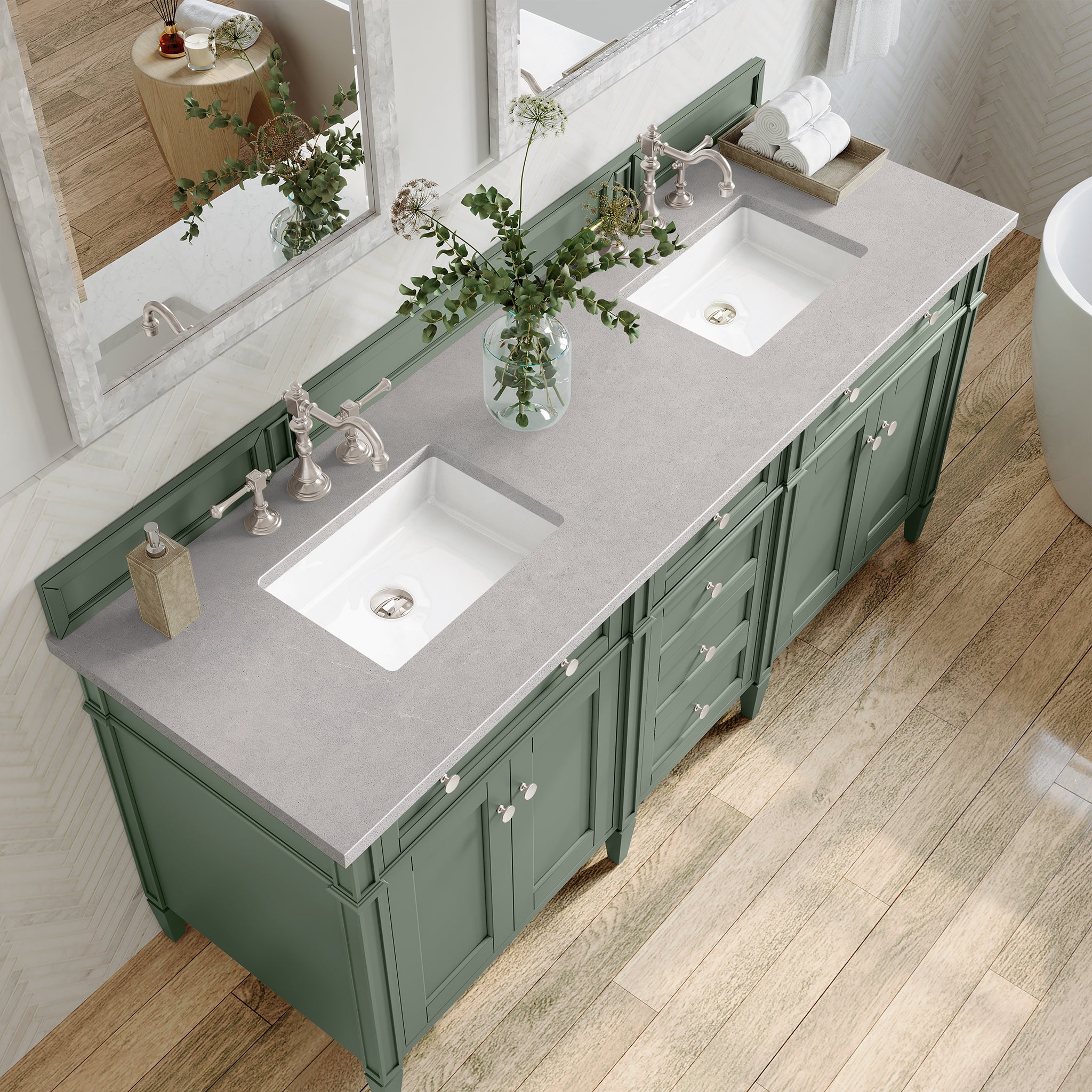 Brittany 72-Inch Double Bathroom Vanity with Smokey Celadon Finish & 3CM Eternal Serena Quartz Countertop - Perfect for Master Bathroom Renovation and Modern Home Decor