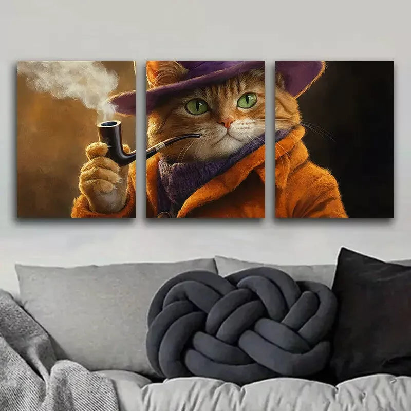 3-Piece Orange Cat with Pipe Smoke Wall Art Set - Framed Canvas 40x60cm - High Quality Print - 100% Australian Made - Ready to Hang - Perfect for Living Room, Bedroom & Office Decor