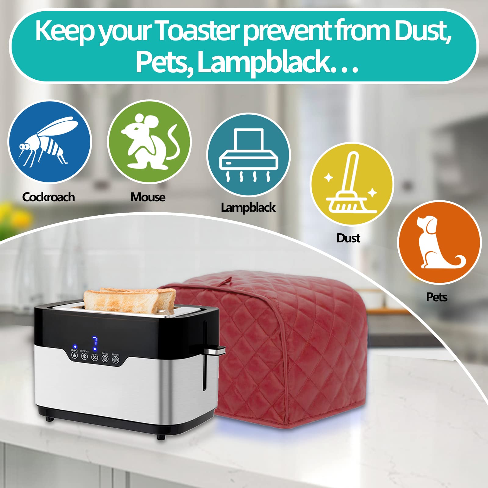 Polyester Quilted Toaster Cover for 4-Slice Bread Toaster - Dustproof & Fingerprint Resistant Bakeware Protector - Perfect Kitchen Gift for Mom (Red) - Ideal for Countertop Protection & Home Decor