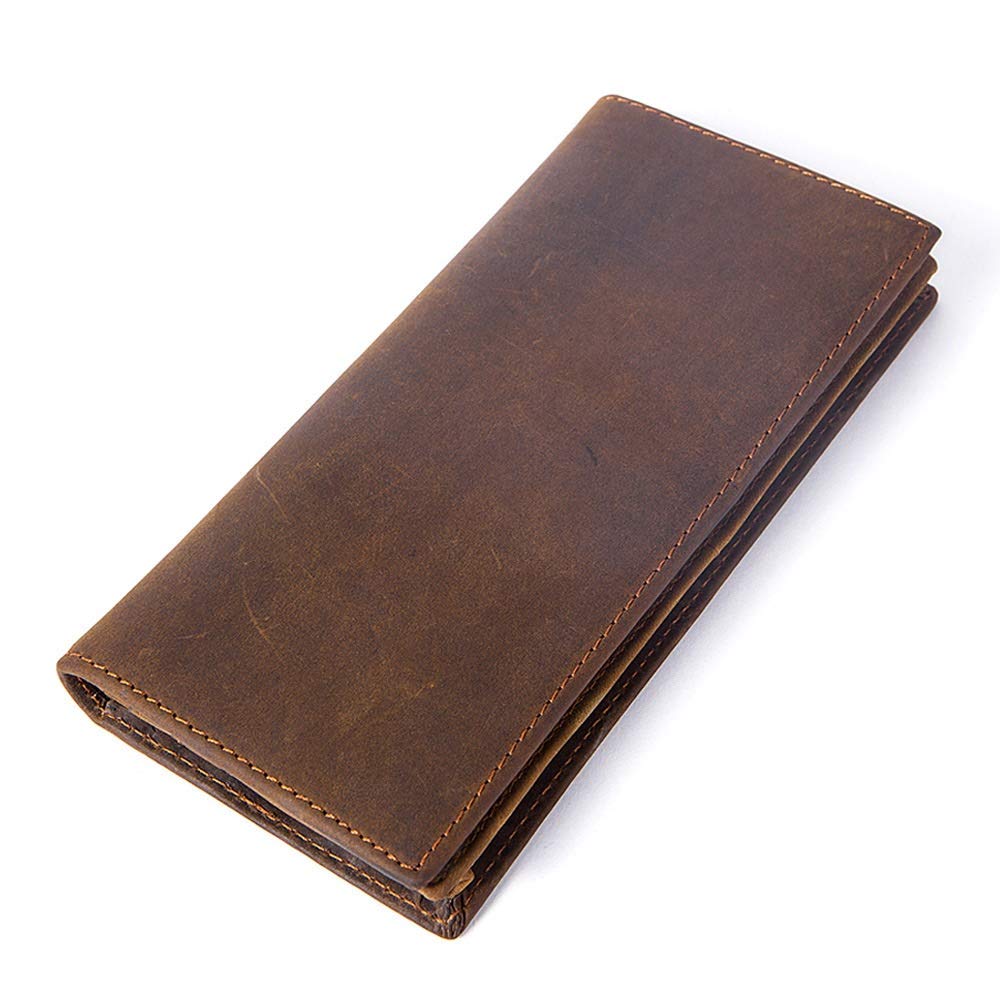Vintage Men's Leather Wallet - Retro Crazy Horse Long Bifold Wallet with Multi-Card Slots, RFID Protection & Money Clip | Perfect for Work, Travel & Everyday Use