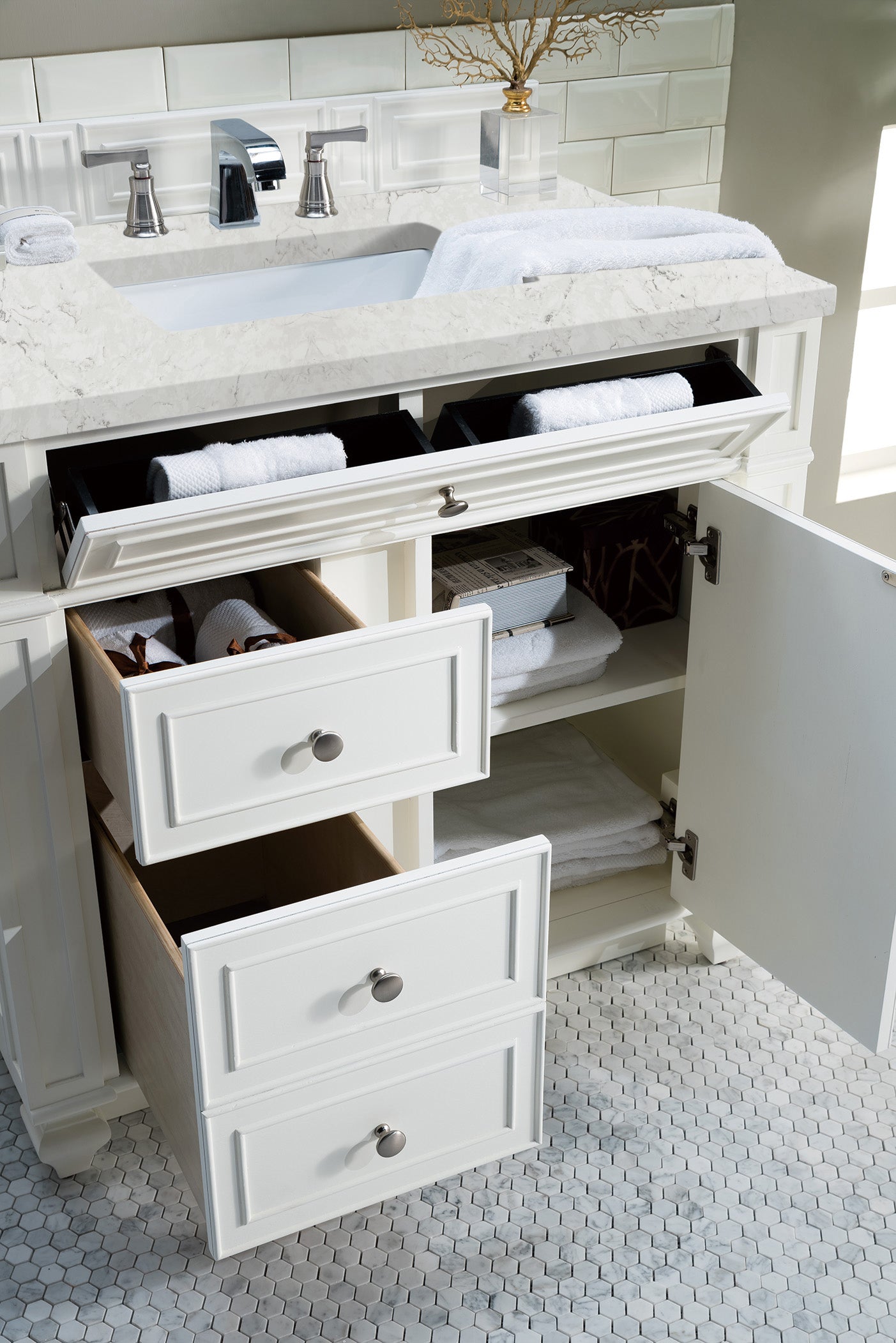 Bristol 36 Inch Single Bathroom Vanity Set with Eternal Jasmine Pearl Quartz Top in Bright White - Perfect for Modern Master Bathrooms and Powder Rooms