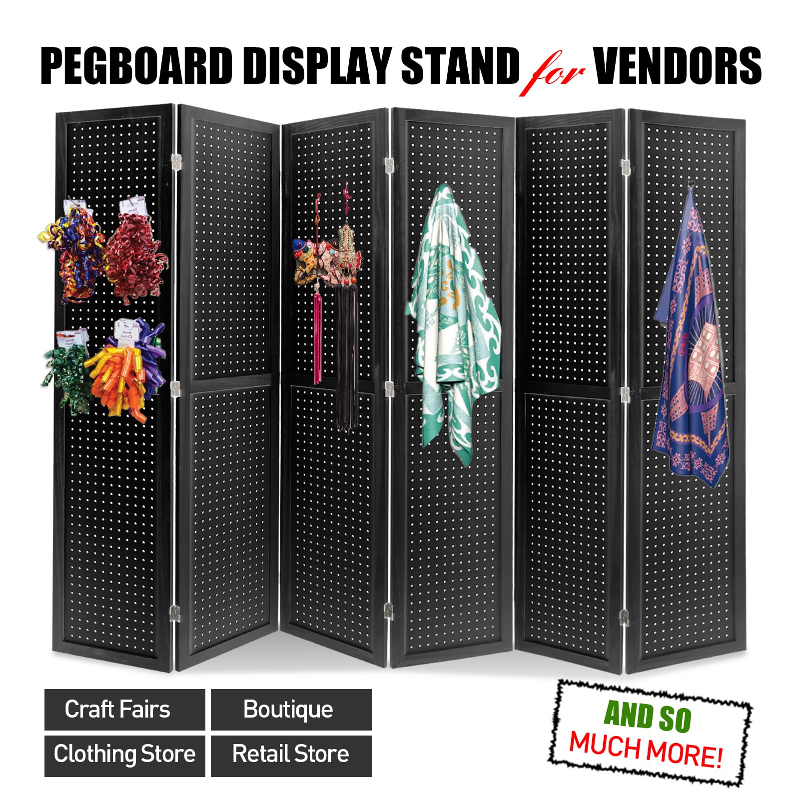 Babion 6 Panel Pegboard Display Stand - Freestanding Folding Room Divider & Privacy Screen for Craft Shows, Trade Shows & Retail Displays - Black Peg Board Organizer for DIY Projects & Home Office Use