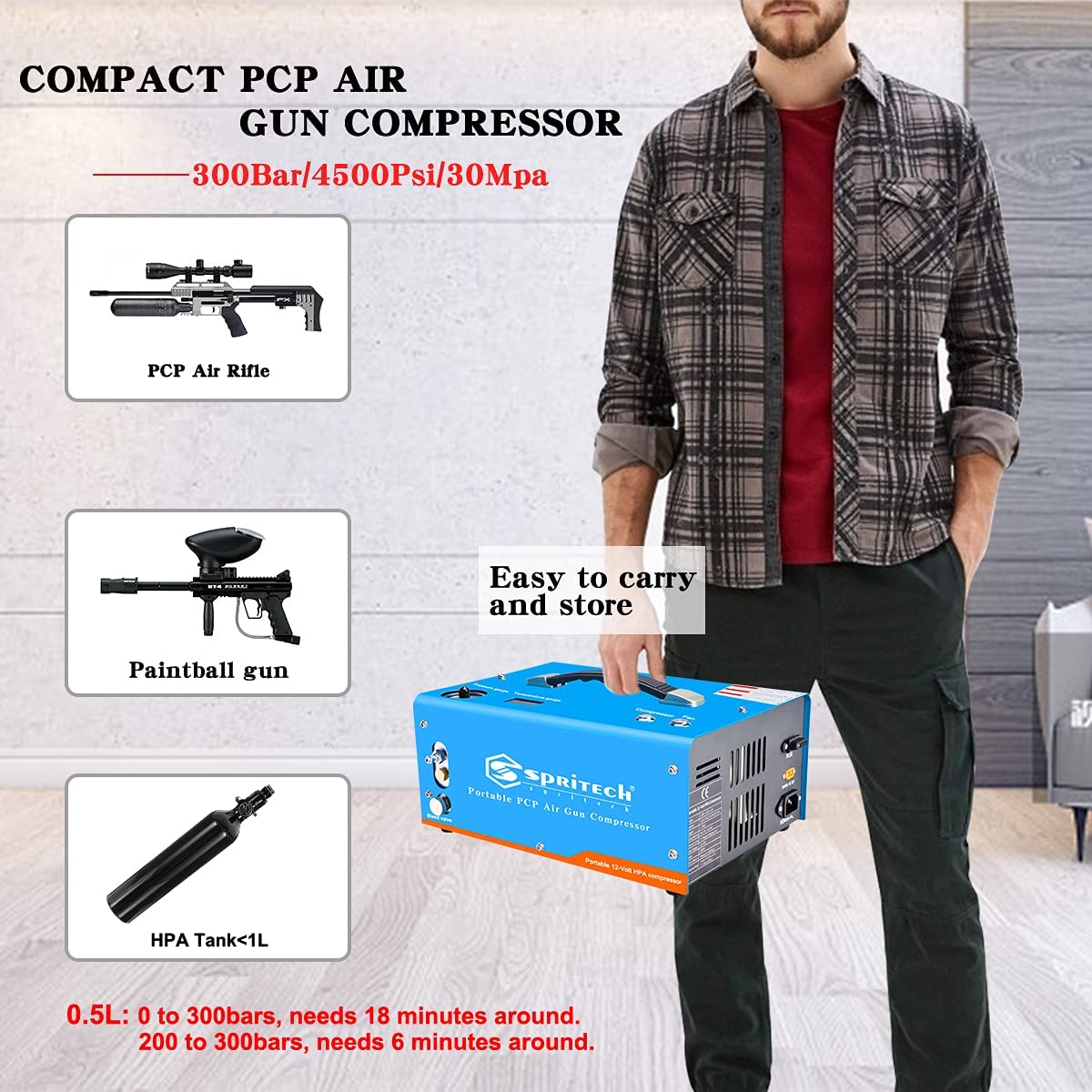 High-Pressure PCP Air Compressor 4500PSI/30MPA - Oil-Free & Water-Free with Auto-Shutoff, Built-in Power Adapter (110V AC/12V DC) - Perfect for Paintball, Airsoft & Air Gun Refilling - Includes Water/Oil Separator for Clean Air Supply