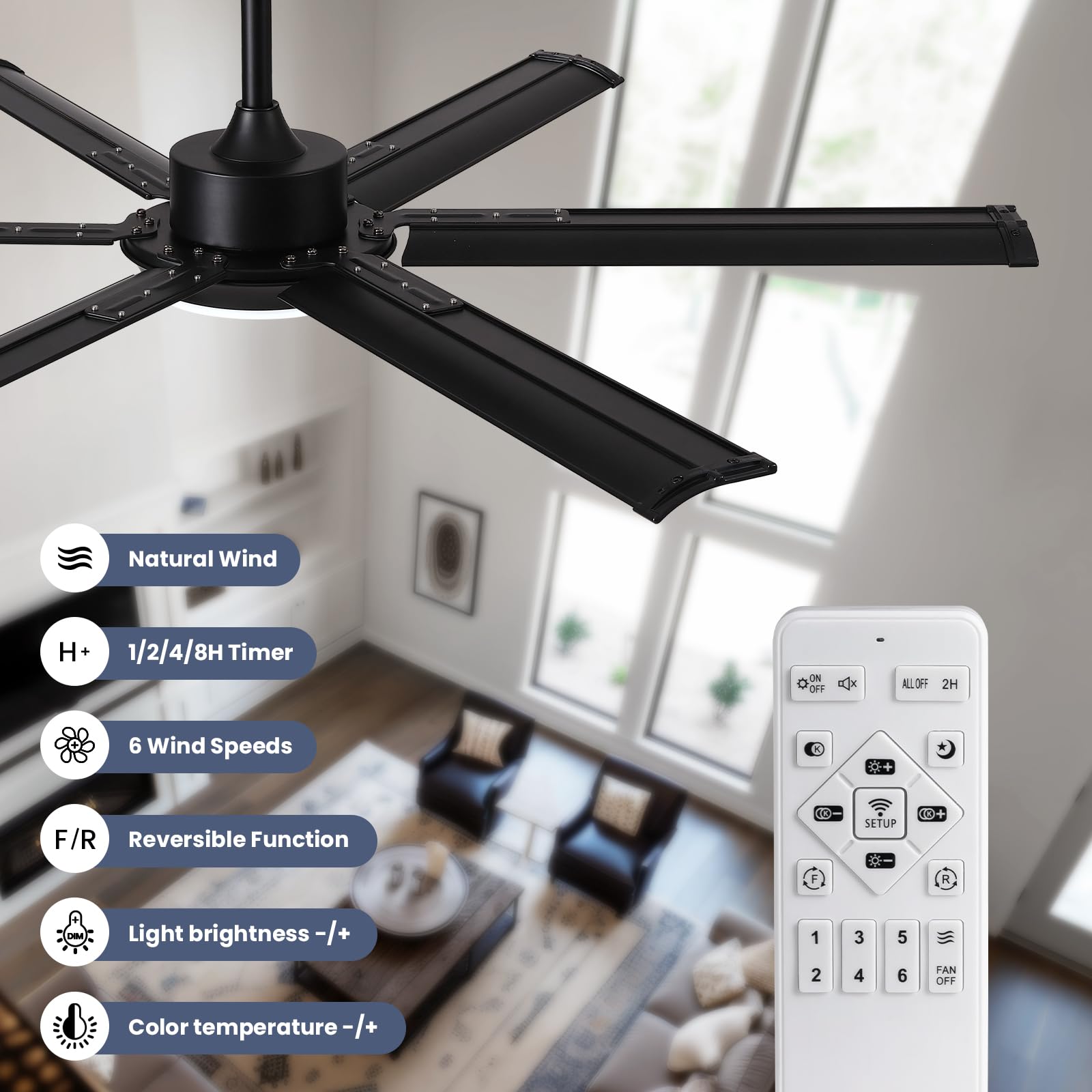 CROSSIO 52 Inch Black Industrial Ceiling Fan with Lights - Remote Control, Dimmable LED, Reversible 6-Speed Silent Motor - Aluminum Fandelier for Living Room, Bedroom, Dining Room & Outdoor Patio | Perfect for Home Cooling and Stylish Lighting Decor