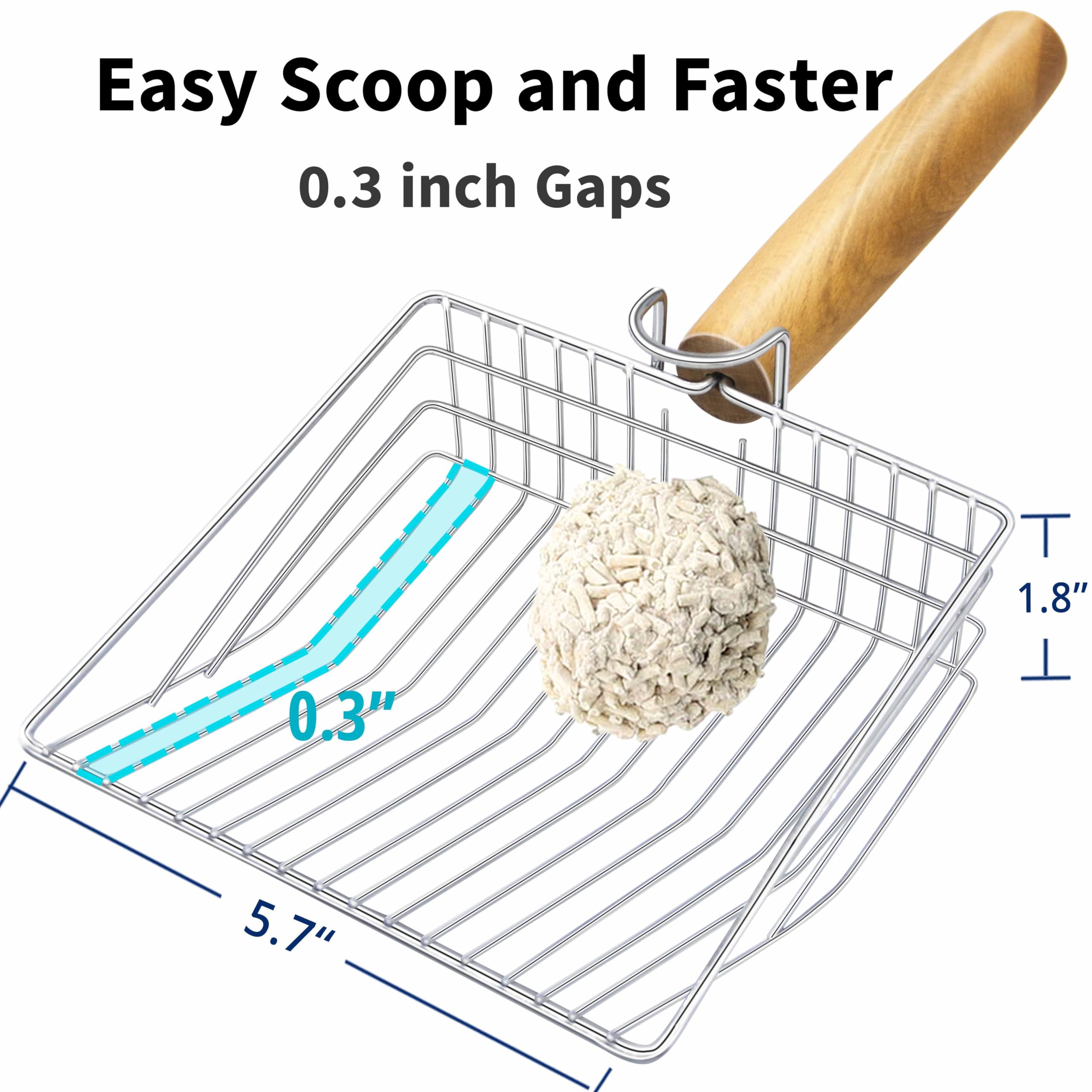 Premium Metal Cat Litter Scoop with Holder - Fast Sifting Poop Scooper with Ergonomic Wood Handle (0.3