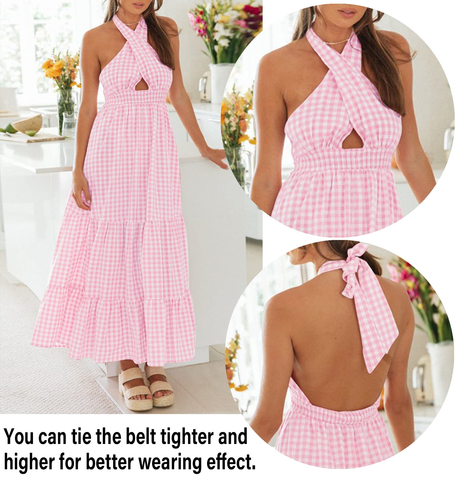 ZESICA Women's 2025 Summer Flowy A-Line Maxi Dress - Halter Neck, Sleeveless, Plaid Print with Cut Out Back Design | Perfect for Beach Vacations, Date Nights & Summer Parties