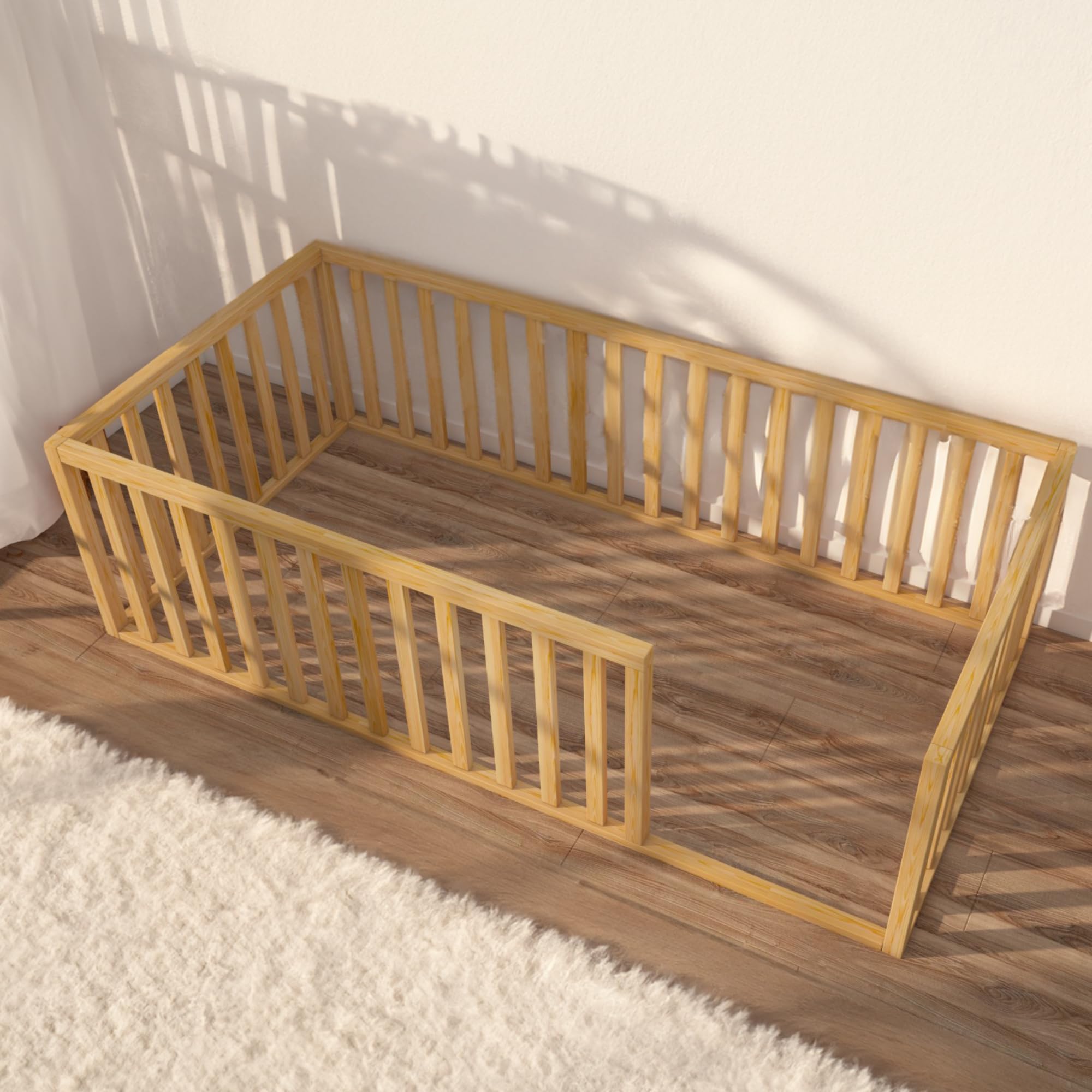 Montessori Floor Bed for Toddlers & Kids 52x27.5 Inches - Solid Pine Wood Baby Bed with Safety Guardrails | Low Profile Crib (17