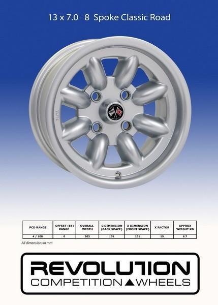 Revolution 13 x 7.0 4x108 8 Spoke ET0 Alloy Wheels for Ford Escort - Perfect for Street Performance & Classic Car Restoration
