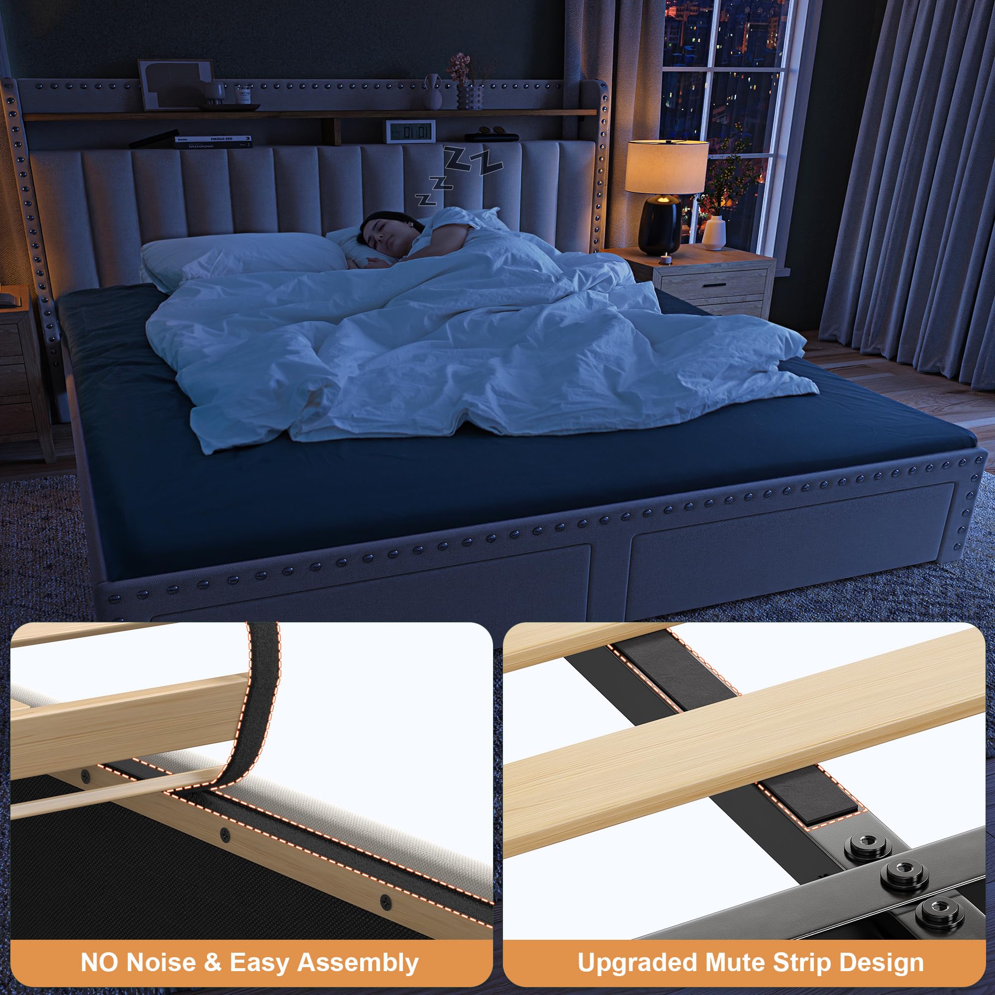 EnHomee King Size Bed Frame with 2-Tier Storage Headboard & 2 Drawers - Upholstered Platform Bed with Wooden Slats, No Box Spring Needed, Noise-Free - Perfect for Small Spaces & Modern Bedrooms (Beige)