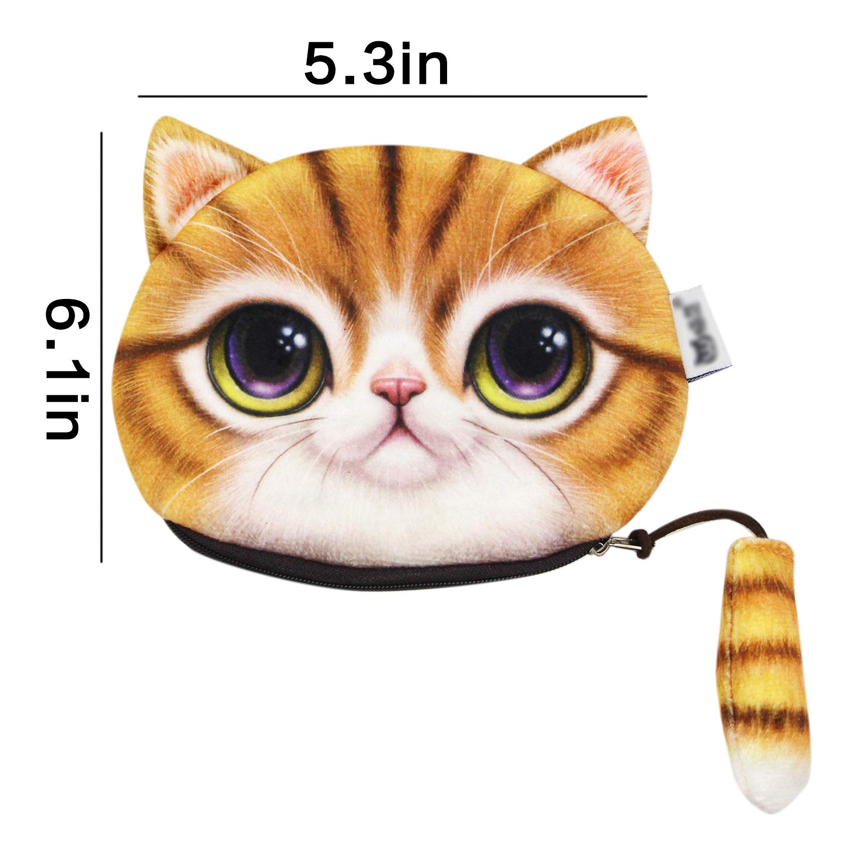 3D Plush Cat Face Coin Purse - Cute Kitty Money Bag with Tail Zipper, Yellow Wallet for Cash & Cards | Perfect for Makeup Storage, Gift Giving & Cosplay Accessories