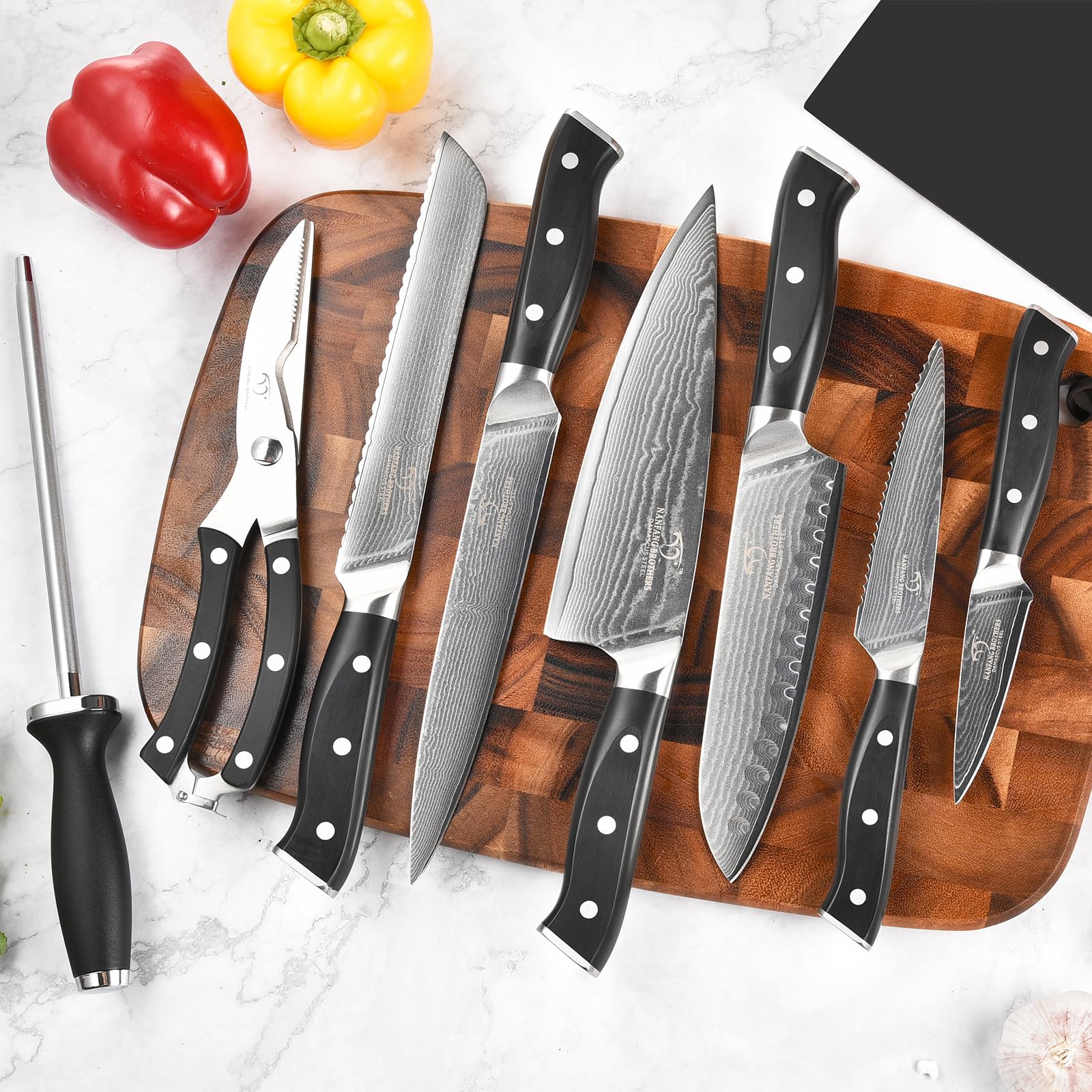 Premium 9-Piece Damascus Steel Knife Set with Block - Chef Knives, Sharpener & Kitchen Shears - Ergonomic ABS Handles for Comfort & Precision - Perfect for Home Chefs, Cooking Enthusiasts & Professional Kitchens
