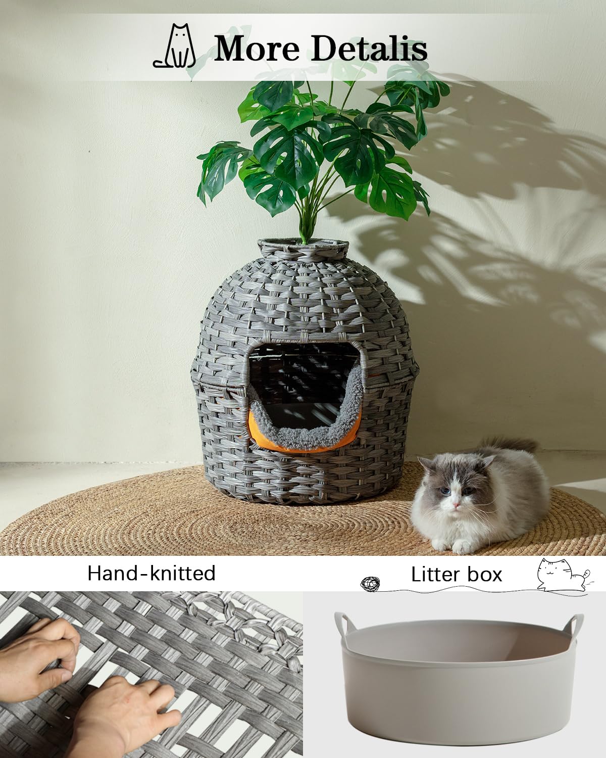 Hidden Cat Litter Box Enclosure with Artificial Plants - Handwoven Rattan Furniture Cover for Discreet Cat Toilet in Living Room | Stylish Home Decor for Pet Owners (Gray)