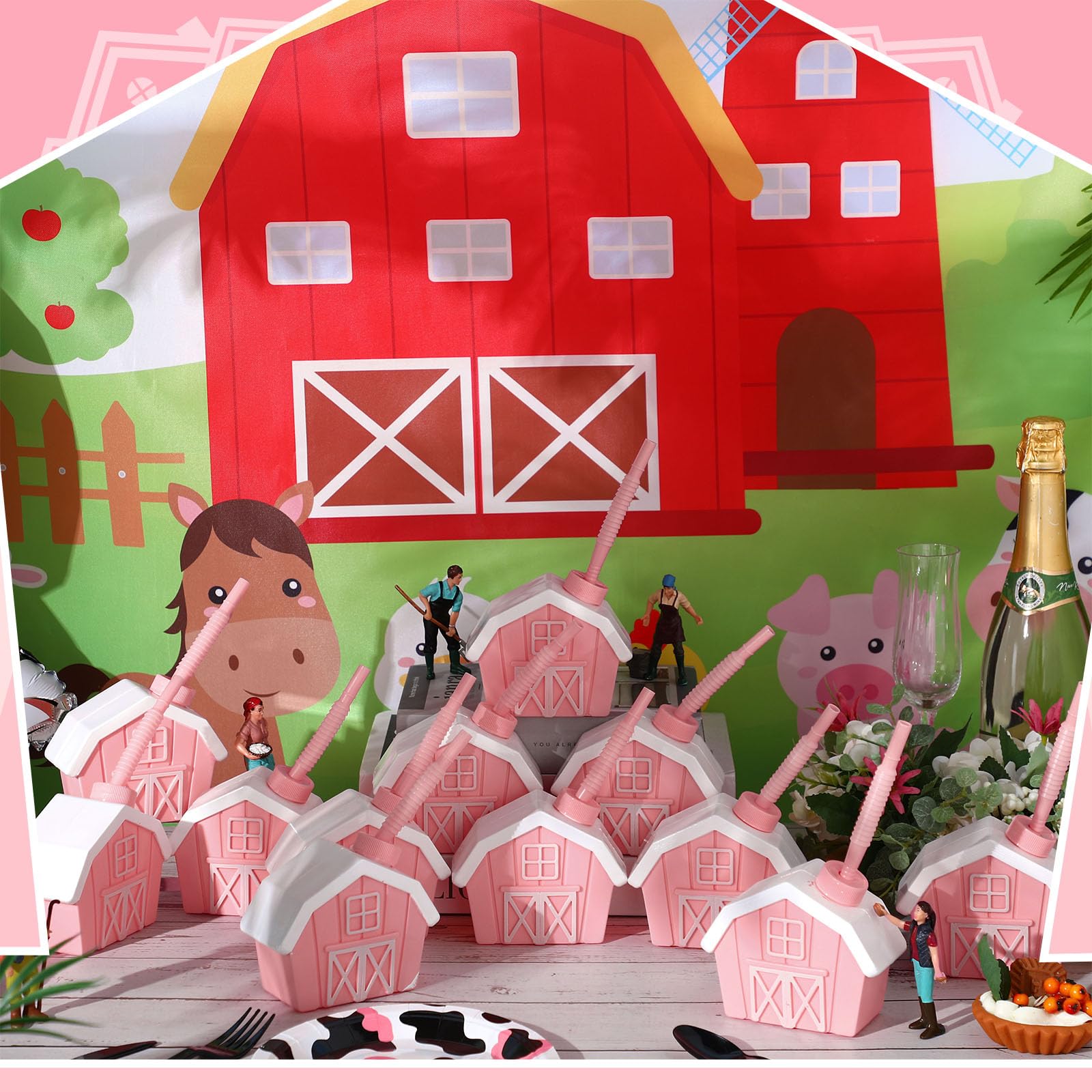 12 Pack Farmhouse Cups with Lids & Straws - 10oz Reusable Pink Party Cups for Farm Themed Birthday, Baby Shower, Barnyard Animal Decorations - Perfect for Farmhouse Weddings, Rustic Parties & Kids' Events