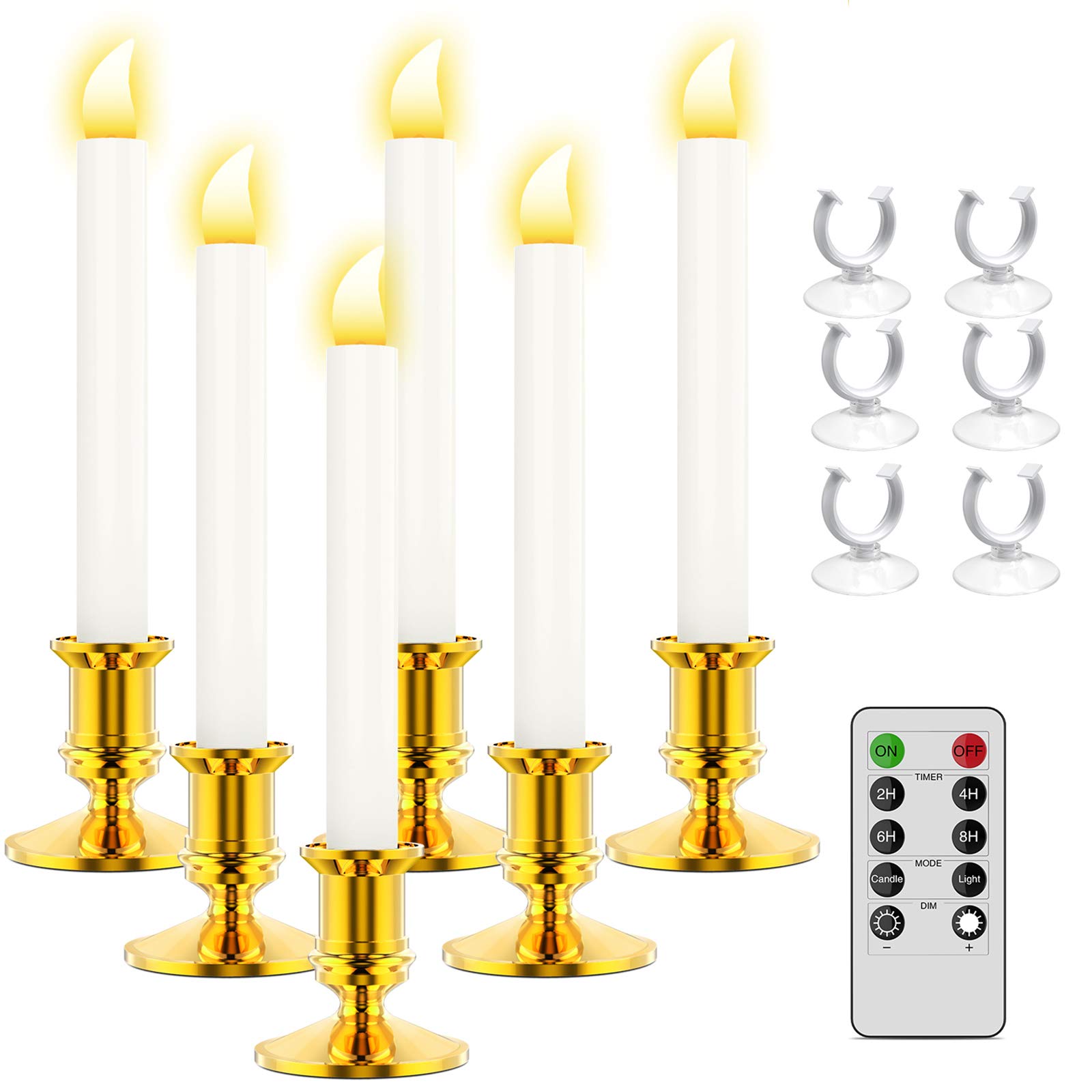 RONXS LED Window Candles With Timer - 6 Pack Flickering Flameless Taper Candles With Remote Control - Battery Operated Indoor Christmas Decorations (Gold) - Perfect for Holiday Home Decor, Winter Window Displays & Cozy Seasonal Ambiance