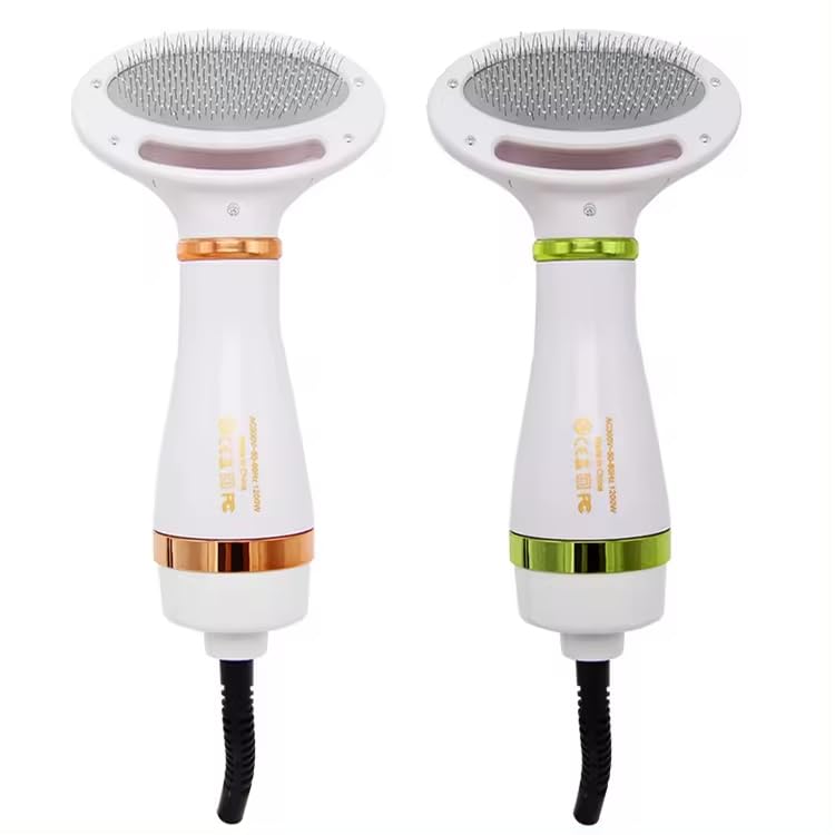 Pet Hair Dryer for Dogs & Cats - 2-in-1 Blow Dryer with Self-Cleaning Slicker Brush | Adjustable Temperature, Portable Grooming Tool | Perfect for Home Pet Grooming, Bath Time & Professional Use (Round)
