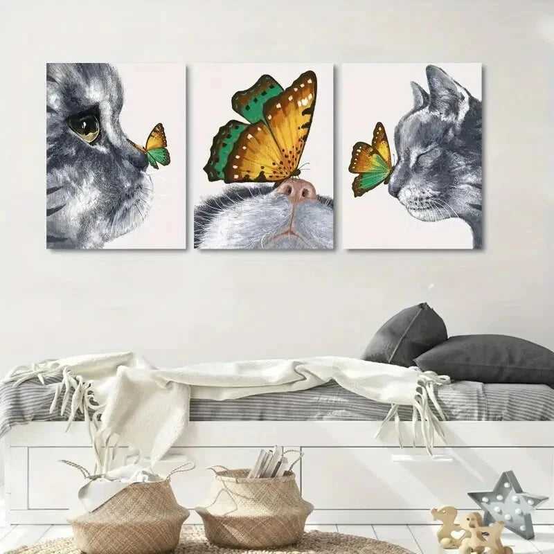 3-Piece Abstract Cat & Butterfly Paintings - Metal Wall Art Prints Ready to Hang - Perfect for Living Room, Bedroom & Office Decor