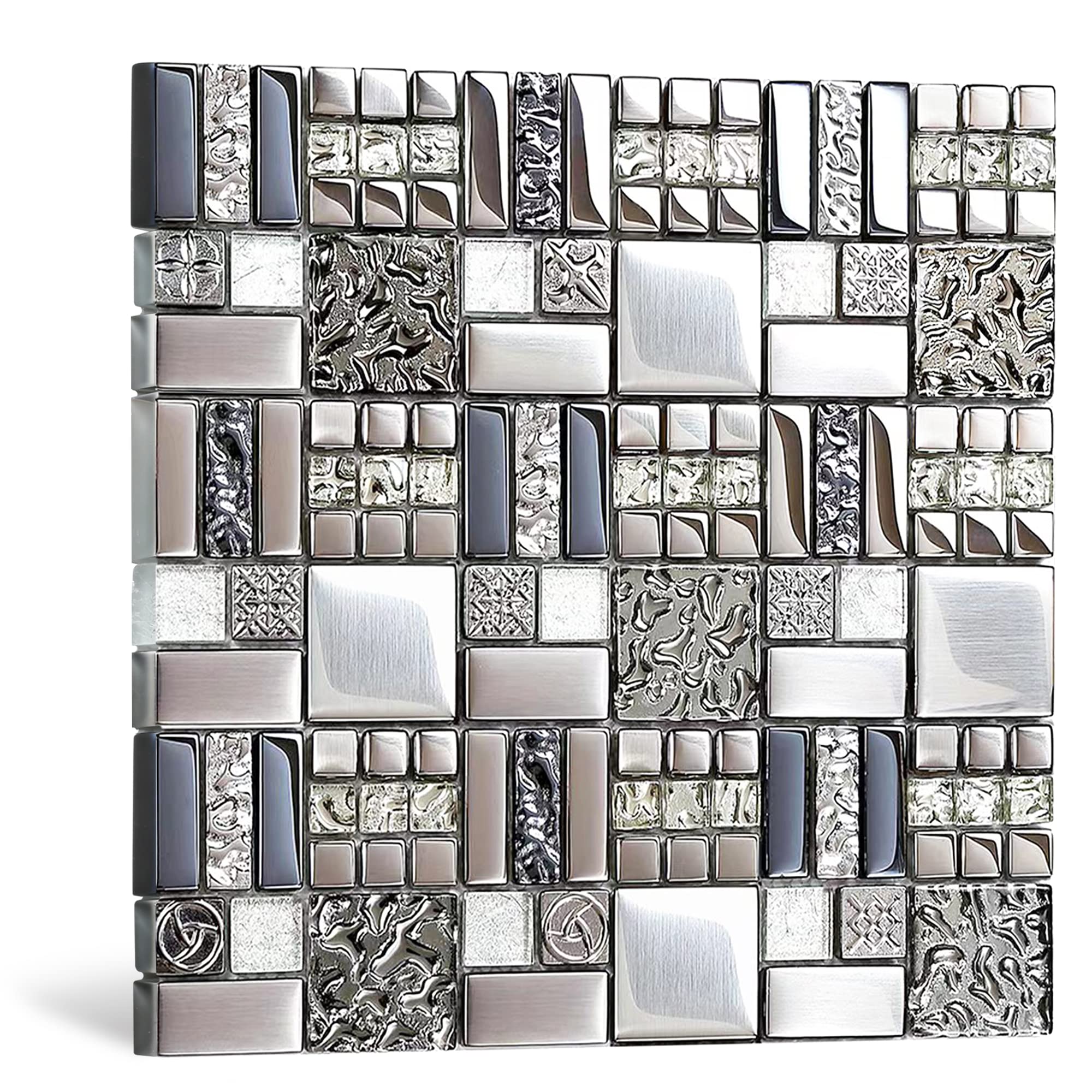Blujellyfish Metallic Glass Mosaic Tiles Silver Gray - 100% Glass Waterproof Tile for Kitchen Backsplash, Bathroom Shower, Accent Wall Decor - TSTGT151 (5 Sq Ft) - Perfect for Modern Home & Commercial Spaces