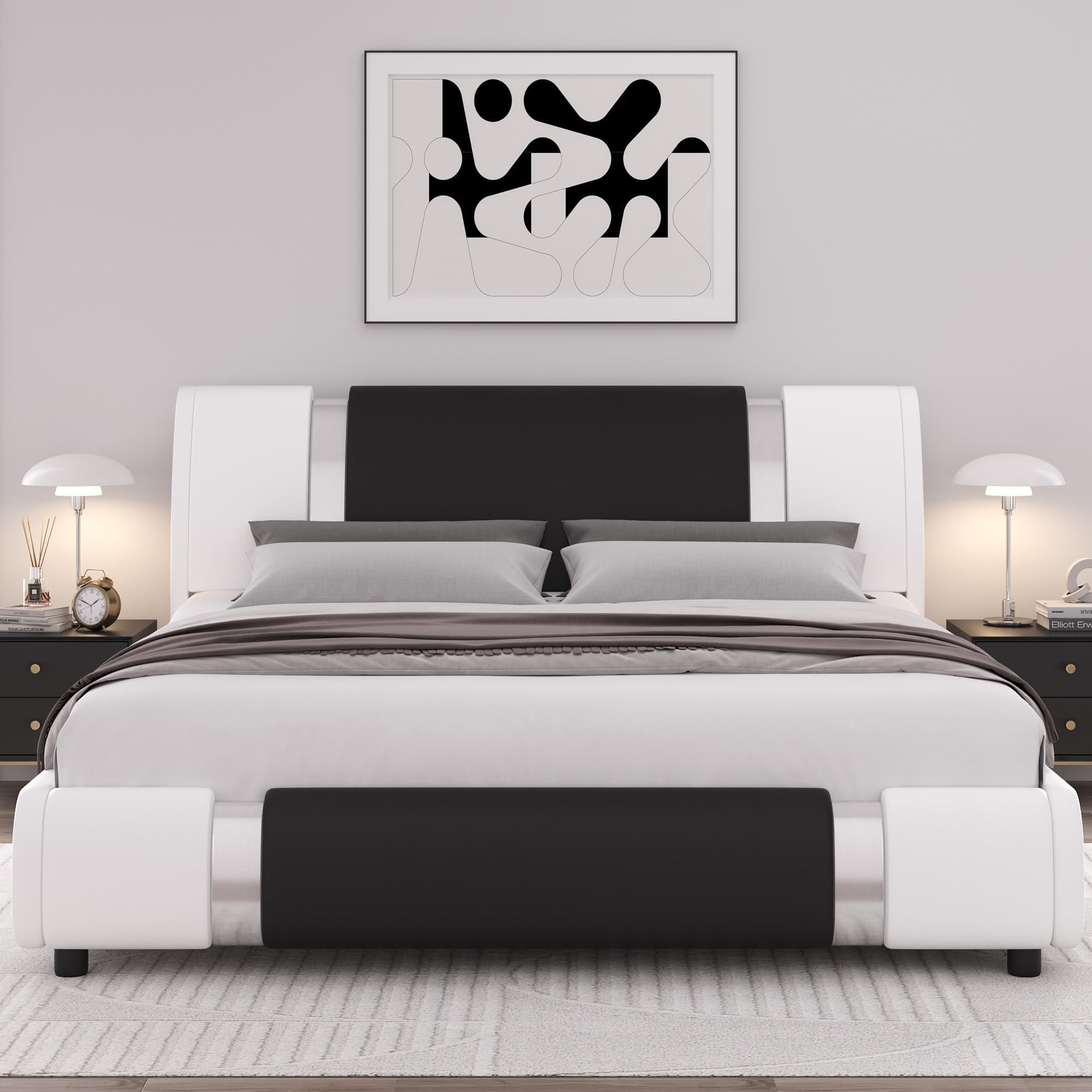 Keyluv Modern Faux Leather Upholstered Queen Size Bed Frame with Mirror Metal Headboard - Wooden Slats Support, No Box Spring Needed, White & Black - Perfect for Contemporary Bedrooms and Guest Rooms