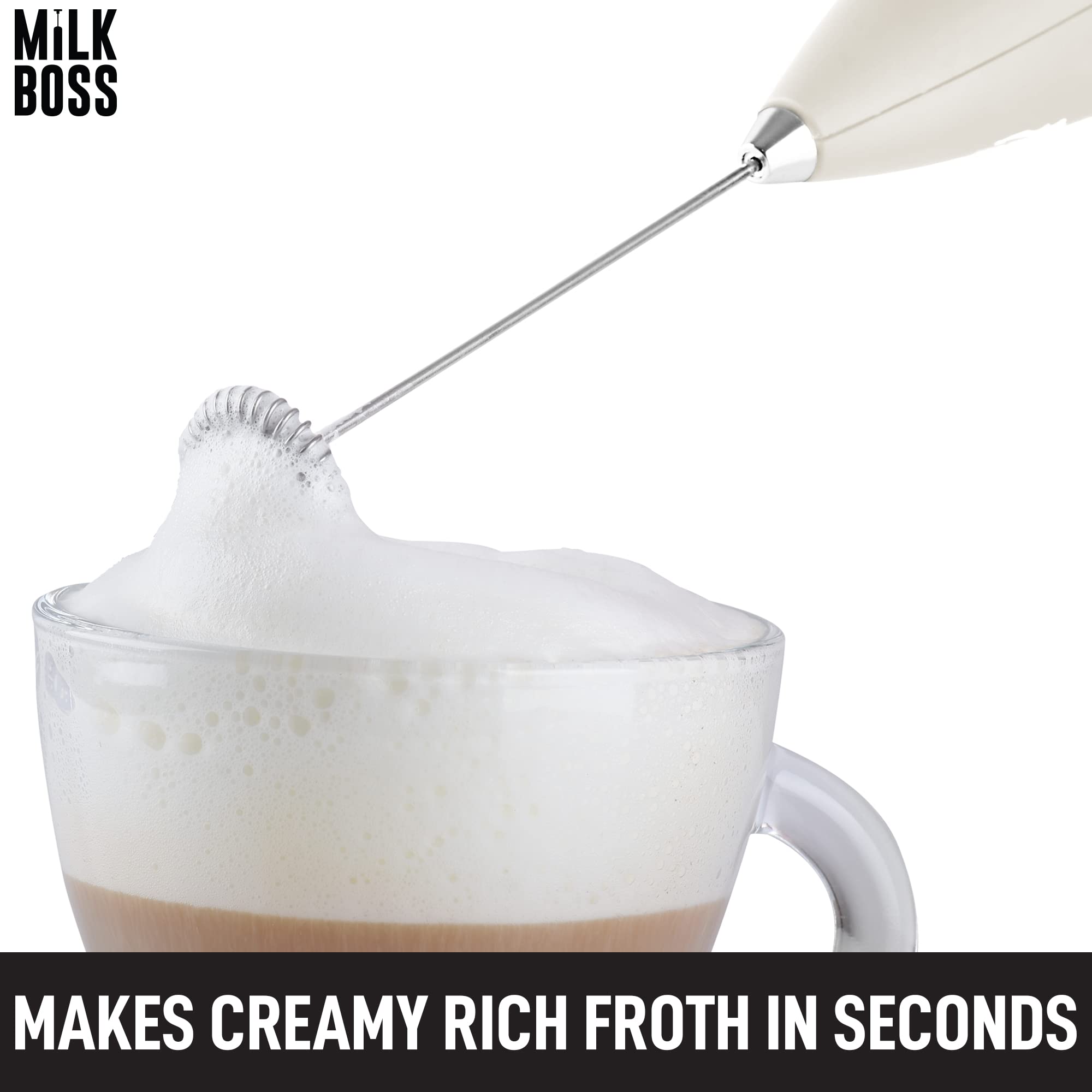 Premium Electric Milk Frother & Matcha Whisk - Handheld Battery-Powered Drink Mixer for Coffee, Latte, Cappuccino & Matcha Tea - Comfort Grip Design with Included Batteries (White) - Perfect for Home, Office & Cafe Use