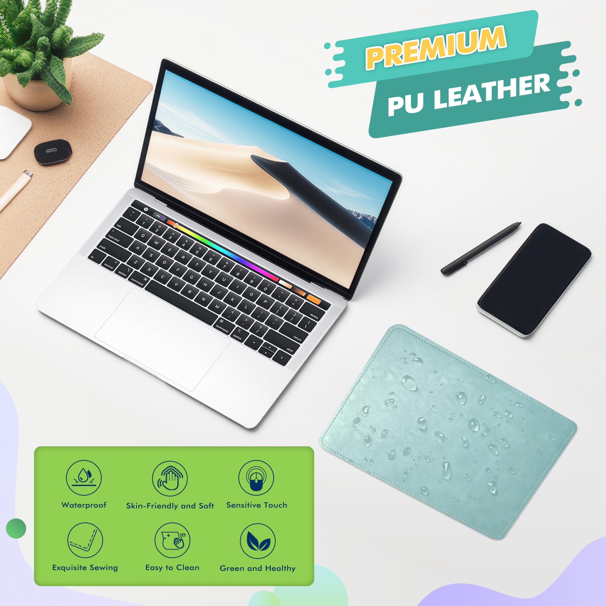 Premium PU Leather Mouse Pad with Stitched Edge - Non-Slip Microfiber Base, Waterproof Desk Mat for Computer & Laptop (8x11 Inch, Light Blue) - Ideal for Office, Gaming & Home Workspace