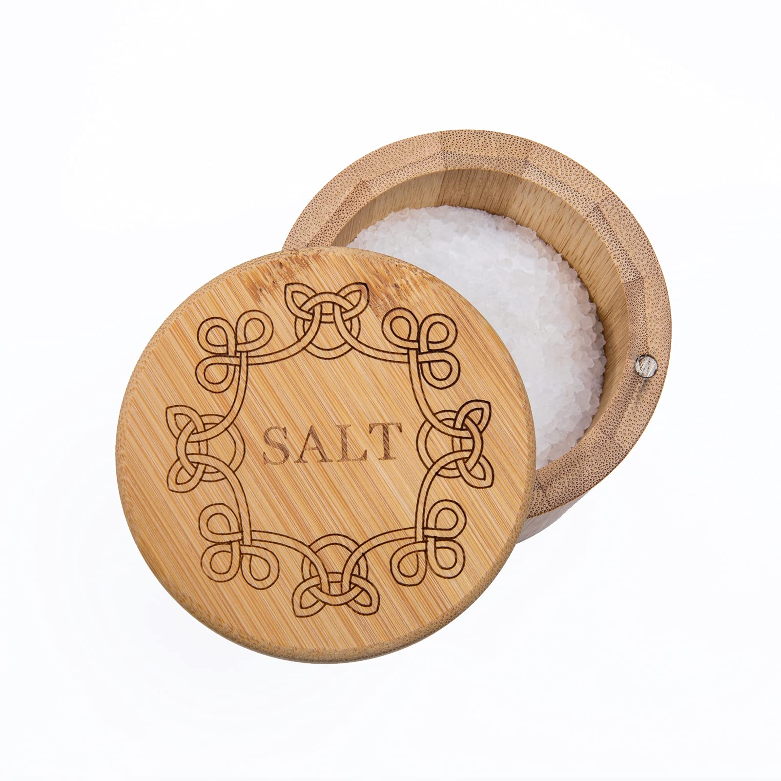 Premium Bamboo Salt Box with Magnetic Swivel Lid & Mini Spoon - Celtic Knot Design Spice Storage Container for Kitchen Countertop, Dining Table, and Gift Giving
