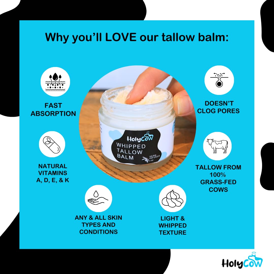 Whipped Grass-Fed Beef Tallow Balm with Organic Jojoba Oil - Unscented & Herb-Infused Face Moisturizer for Dry Skin, Eczema Relief, Baby Care & Lip Treatment | Natural Skincare for Sensitive Skin, DIY Beauty & Healing Balm for Cracked Hands