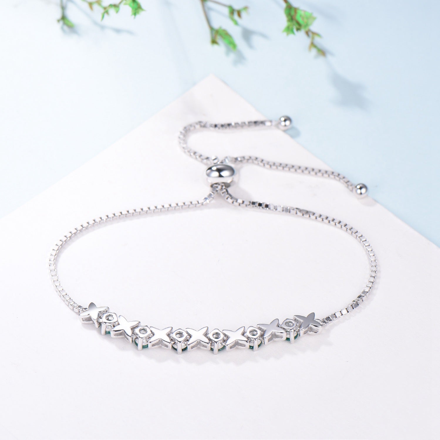 Lab Emerald Bracelet - Twig Green Crystal Leaves Bracelet in Sterling Silver & White Gold | Nature-Inspired Stackable Jewelry for Women | Perfect Anniversary Gift for Her | Ideal for Weddings, Parties & Everyday Wear