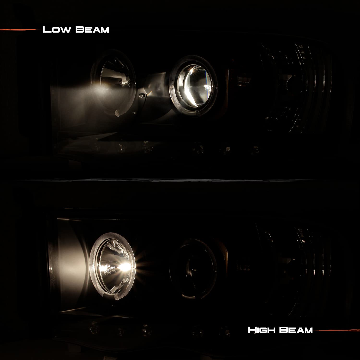 AKKON Black Dual Halo Projector Headlights for 2002-2005 Dodge Ram 1500 & 2003-2005 Ram 2500/3500 - Complete Pair Set with LED Halo Rings for Enhanced Night Driving Visibility