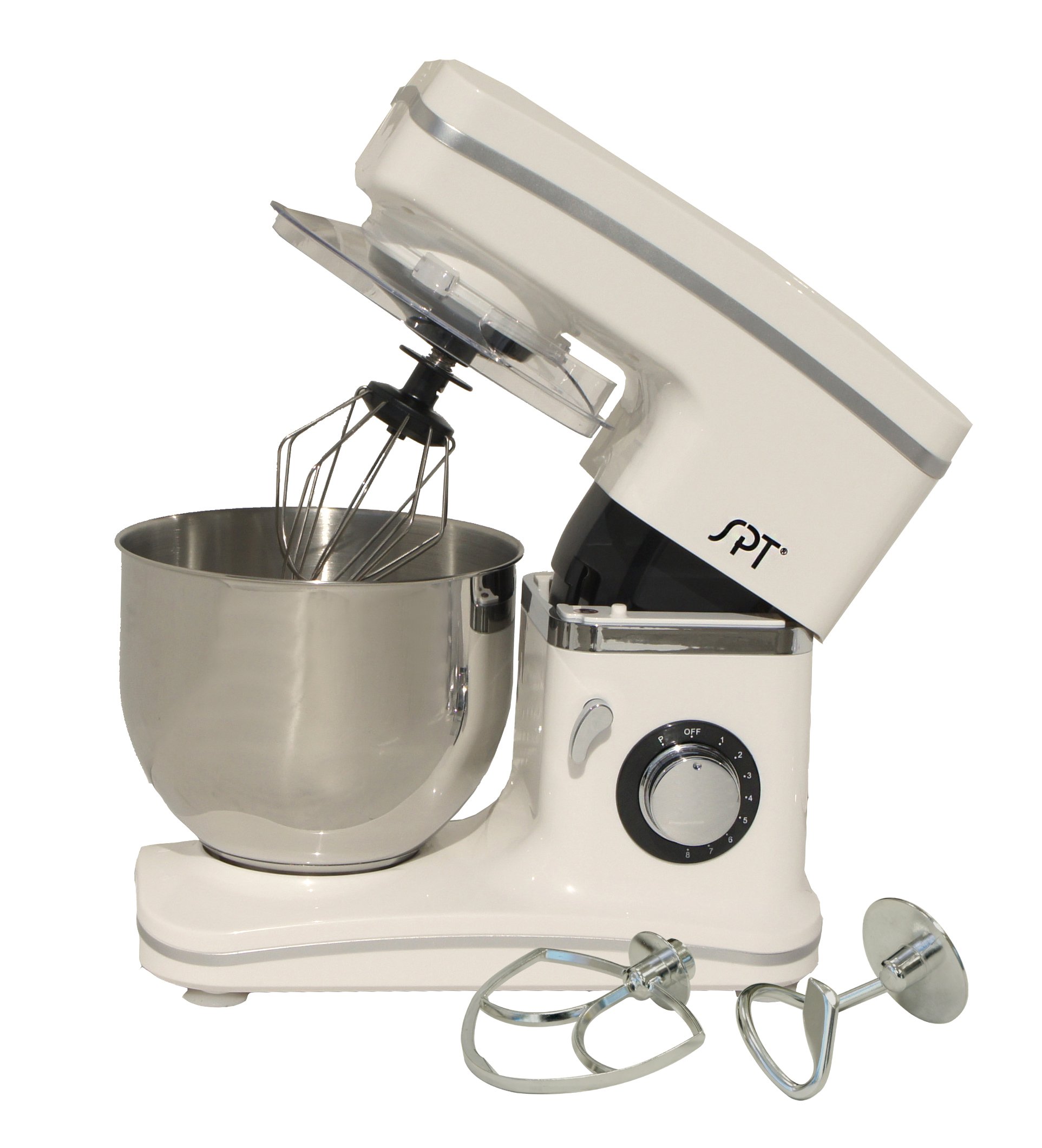 SPT MM-106W 7-Speed Stand Mixer, 5.5QT Stainless Steel Bowl - Powerful 800W Electric Kitchen Mixer for Baking, Dough, Cake, Cookies (White) - Perfect for Home Bakeries, Restaurants & Professional Chefs