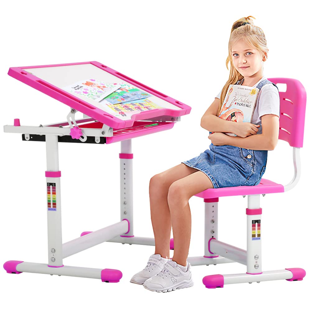 BLKMTY Adjustable Kids Desk and Chair Set - Ergonomic Children's Study Table with Tiltable Desktop & Drawer, Pink - Perfect for School, Homework, Art & Writing Activities
