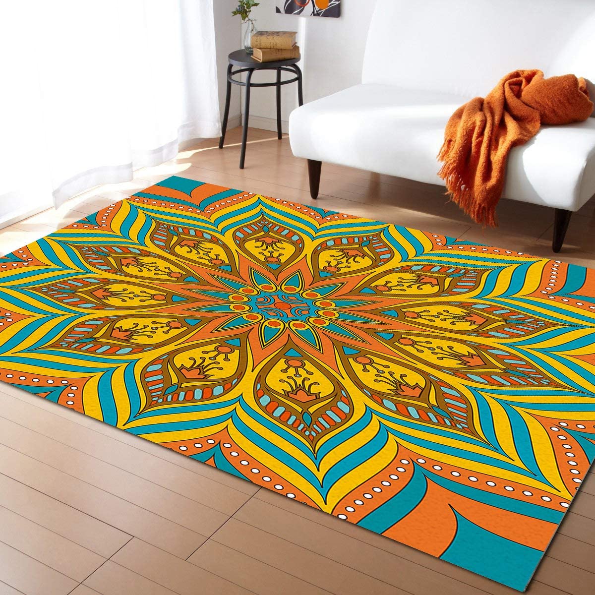 Bohemian Mandala Flower Area Rug - Non-Slip Washable 6x4ft Ethnic Floor Carpet for Living Room, Bedroom, Kitchen | Perfect for Home Decor, Yoga Space & Boho Chic Interiors