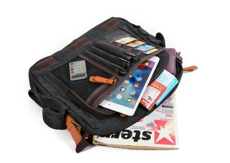 Men's Vintage Denim & Canvas Messenger Bag - Genuine Leather Crossbody Handbag for Work, Travel & Everyday Use