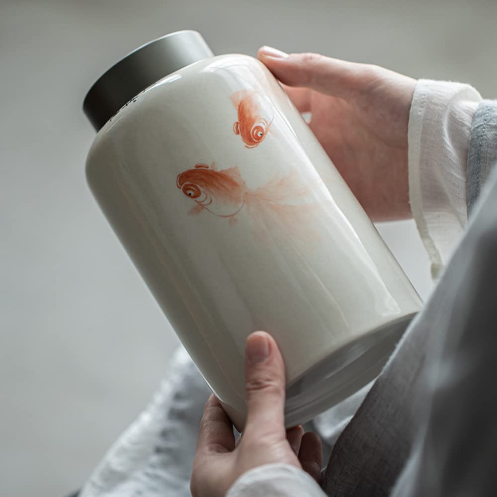 Hand-Painted Carp Ceramic Tea Pot & Storage Jar - Airtight Food Container for Tea, Coffee, Vanilla, Sugar, Spice, Nuts | Perfect for Kitchen, Pantry & Gift Giving