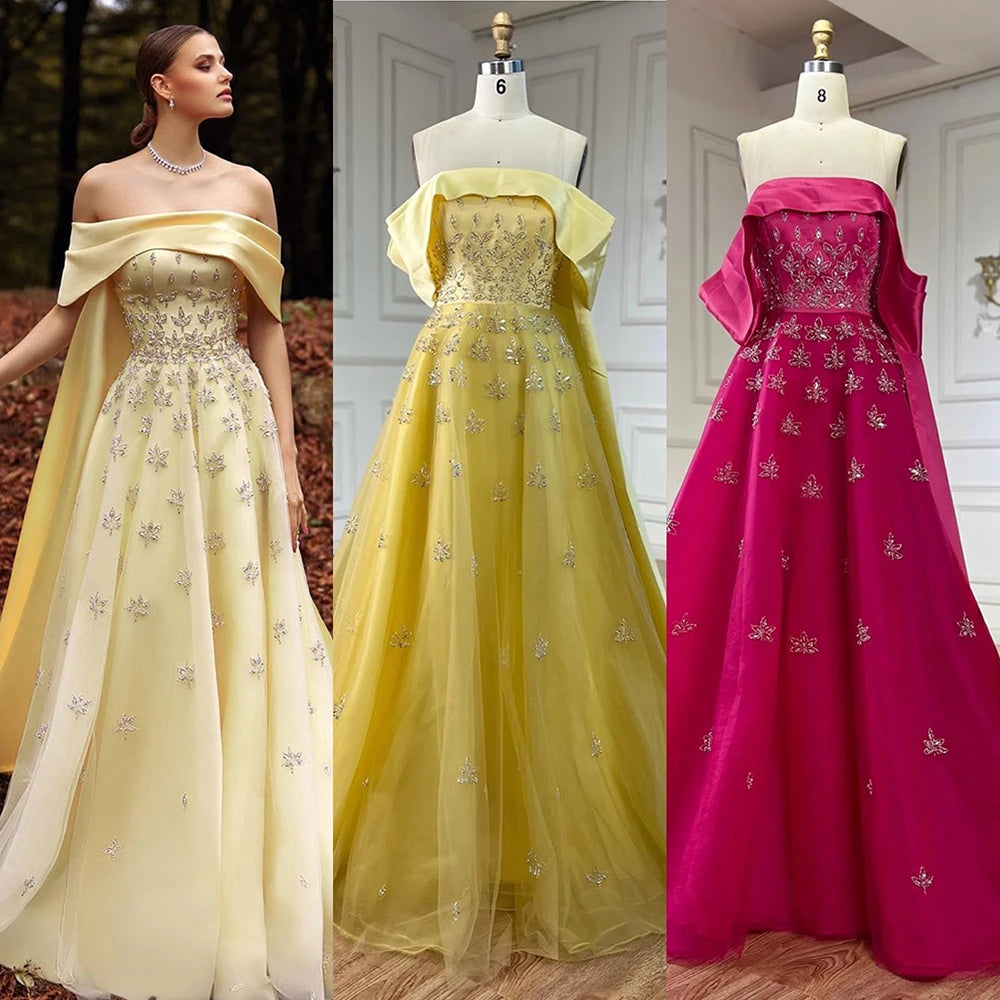 Serene Hill Luxury Dubai Arabic Yellow Elegant Boat Neck Long Evening Dress Beaded Party Gown for Women - LA72531 | Perfect for Weddings, Galas, and Formal Events