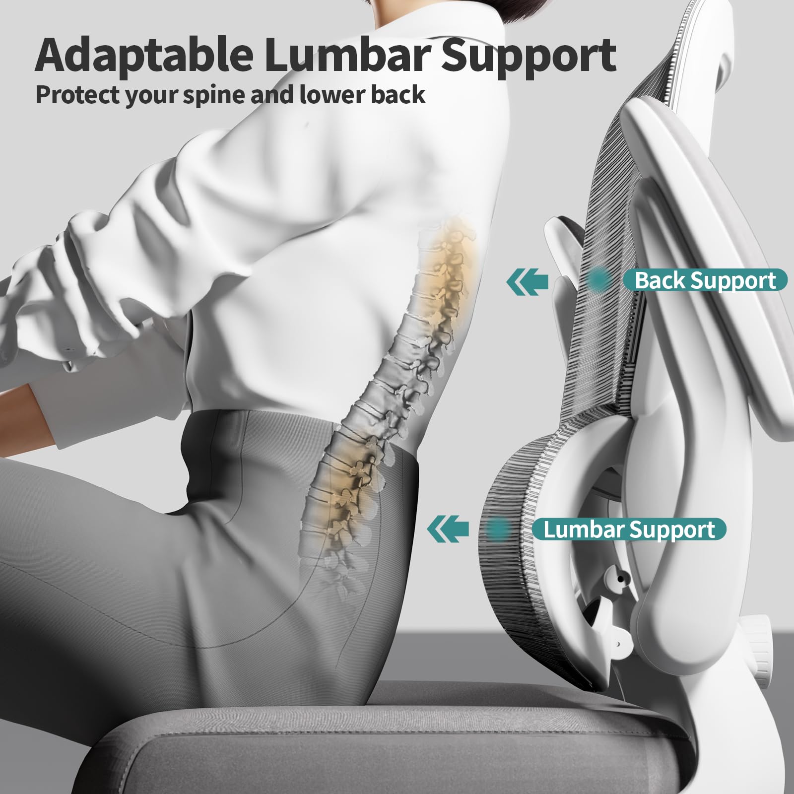 Ergonomic Office Chair with Adjustable Lumbar Support - Mesh Back Computer Desk Chair for Home Office - Executive Swivel Task Chair with Comfortable Seat - Perfect for Long Work Hours & Video Conferencing (Grey)