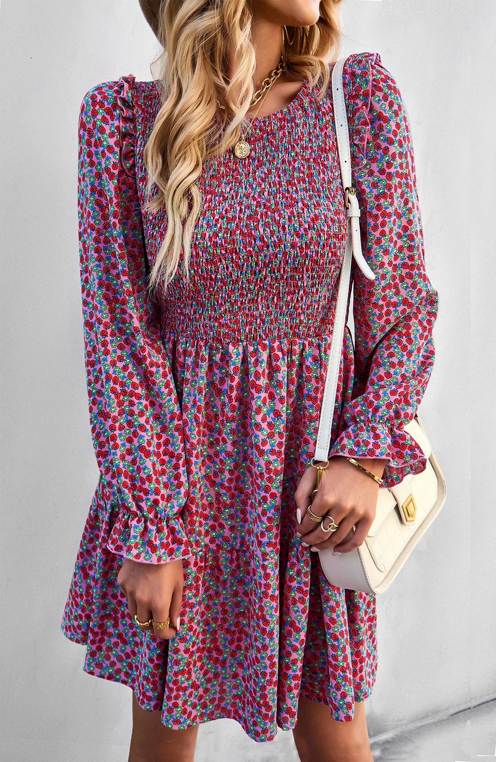 KIRUNDO Women's Floral Smocked Long Sleeve Ruffle A-Line Mini Dress - Spring Summer Party Dress 2025 | Perfect for Garden Parties, Date Nights & Cocktail Events