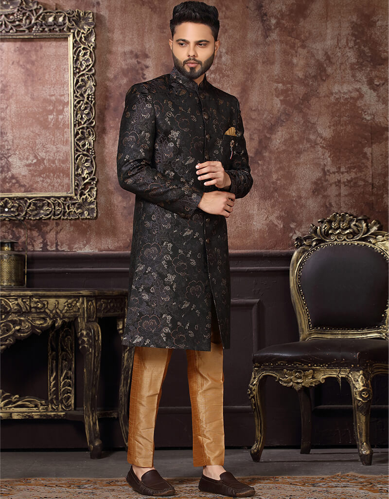 Stylish Black Kurta with Jacquard Pants Set for Men - Traditional Indian Ethnic Wear for Festivals, Weddings & Special Occasions