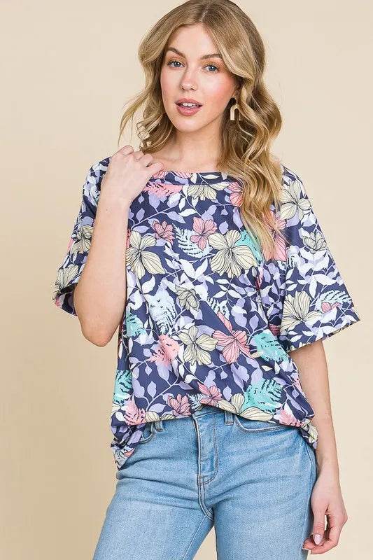 BOMBOM Women's Floral Print Round Neck Short Sleeve T-Shirt - Casual Summer Top for Outing, Beach, and Daily Wear