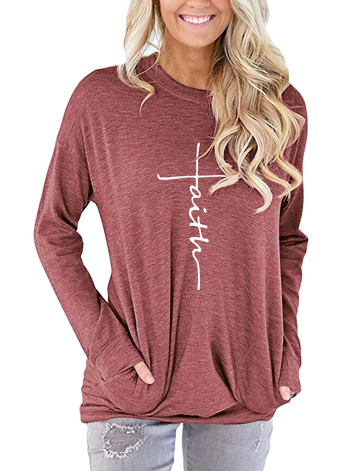 Women's Casual Christmas Crewneck Sweatshirt - Cute Long Sleeve Loose Fit Fall Top with Pockets | Cozy Holiday Outfit & Winter Layering Essential