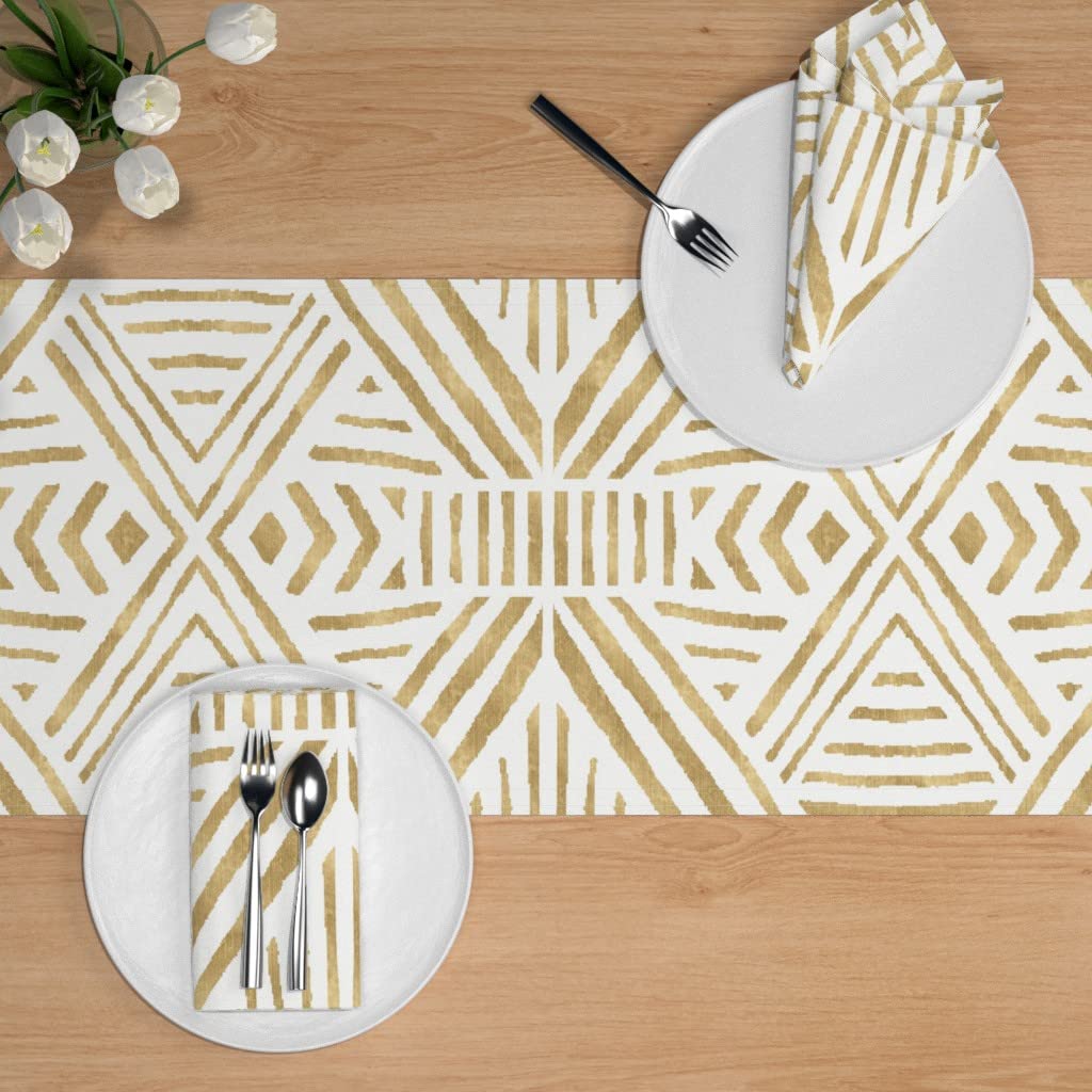 Custom Boho Geometric Gold Geo Stripe Diamond Print Cotton Sateen Table Runner 108
