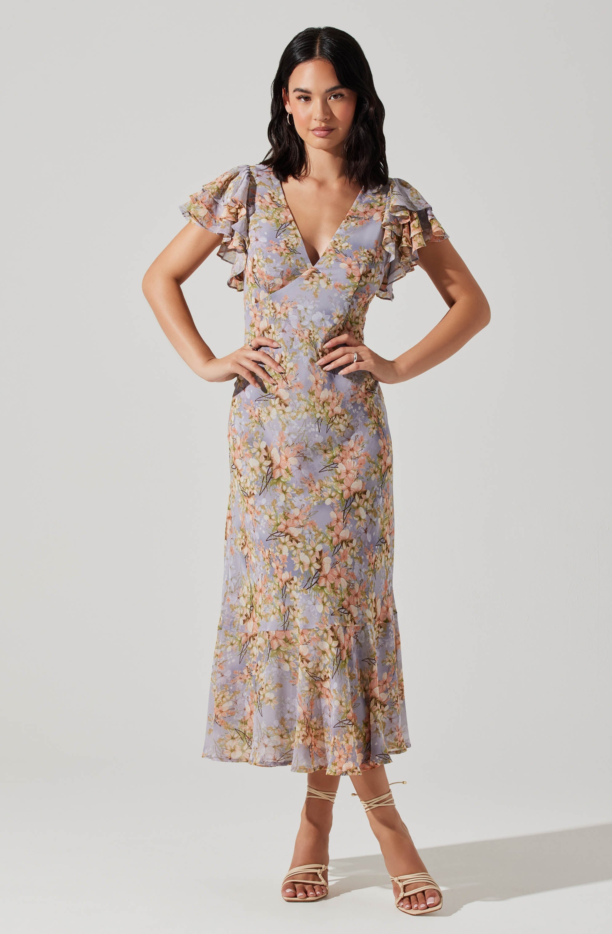 Celestine Floral Flutter Sleeve Midi Dress - Women's Boho Summer Dress for Beach, Wedding & Vacation