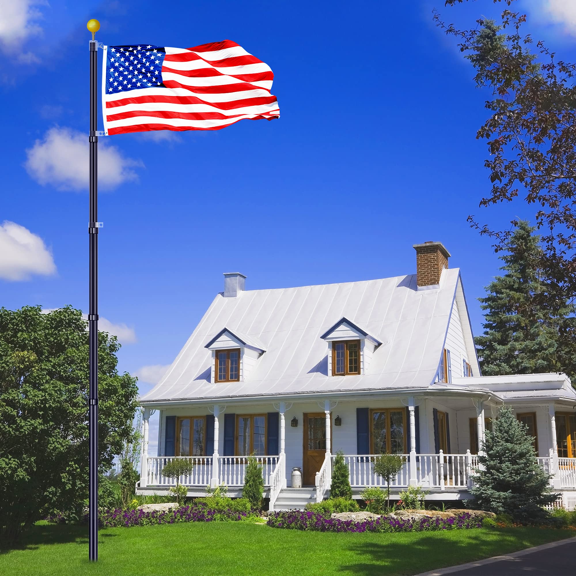 20FT Heavy Duty Telescoping Flag Pole Kit - 14 Gauge Aluminum Inground Flagpole with 3x5 American Flag | Fly 2 Flags | Weather-Resistant for Residential, Yard & Commercial Use | Perfect for Patriotic Displays, Sports Events & Business Branding