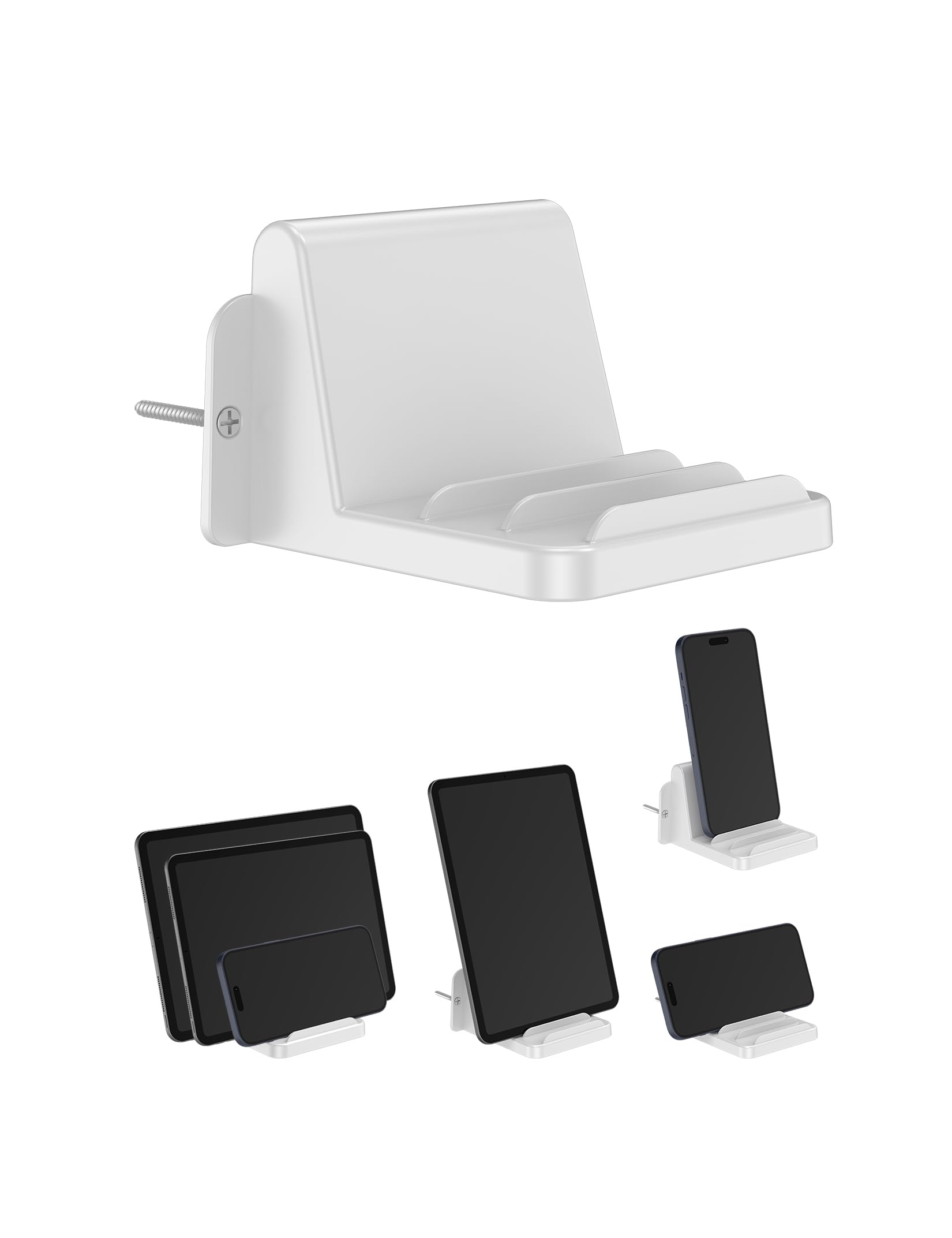 Wall Mount Phone Holder for iPhone & Smartphones, Tablet Stand Compatible with iPad & Kindle - Adjustable 3-Slot Design for Bathroom, Bedroom & Kitchen - Perfect for Hands-Free Viewing While Cooking, Showering or Relaxing (White)