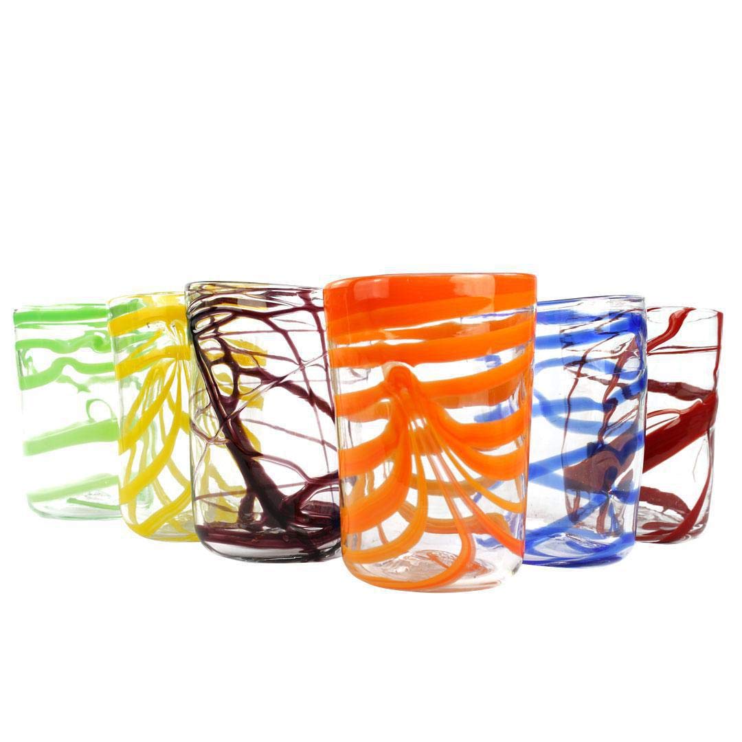 Original Murano Glass OMG Set of 6 Glasses Filanti - Mix Colors Tumblers | Handcrafted Italian Drinking Glasses for Cocktails, Wine & Home Decor