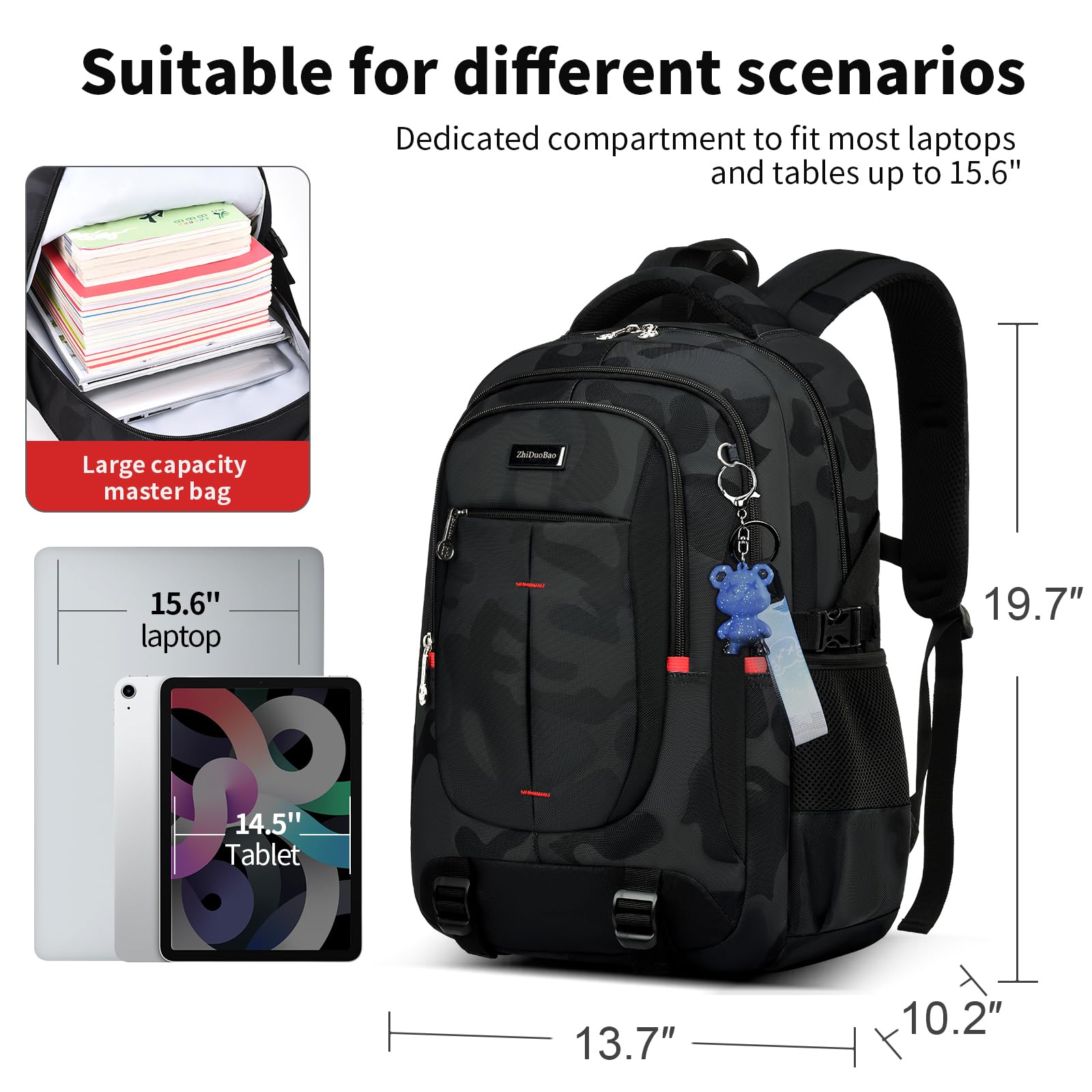 **Durable Camo Backpack for Middle & High School Boys - Large Capacity Anti-Theft Water Resistant Travel Backpack with 15.6