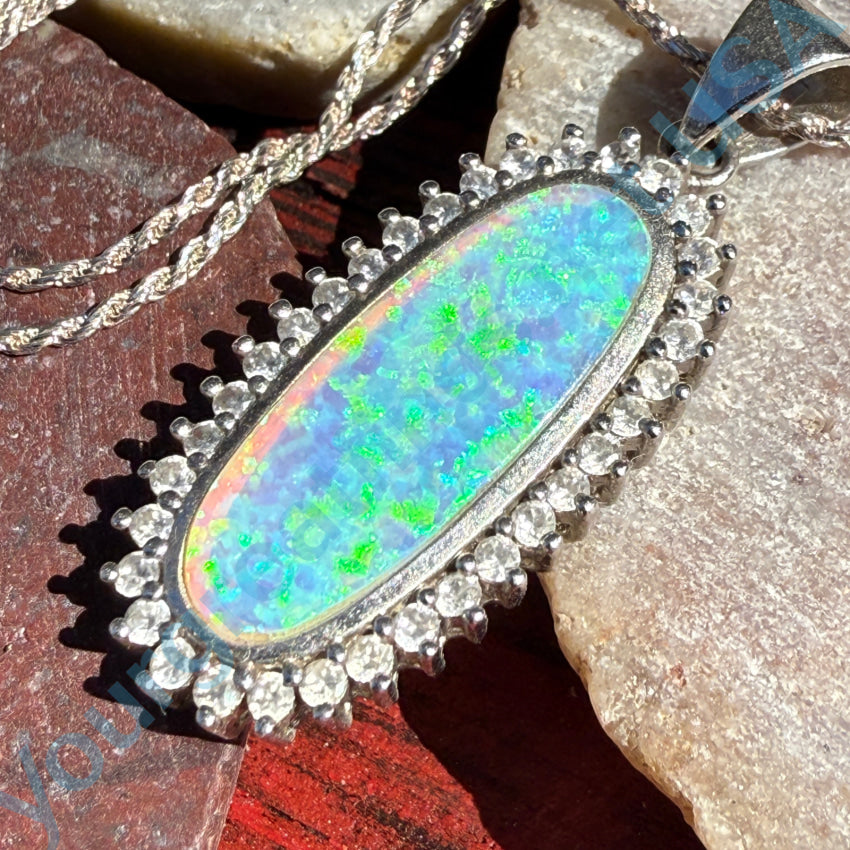 14K Sterling Silver Opal & Cubic Zirconia Pendant Necklace with Chain - Elegant Jewelry for Women, Perfect for Gifts, Parties & Special Occasions