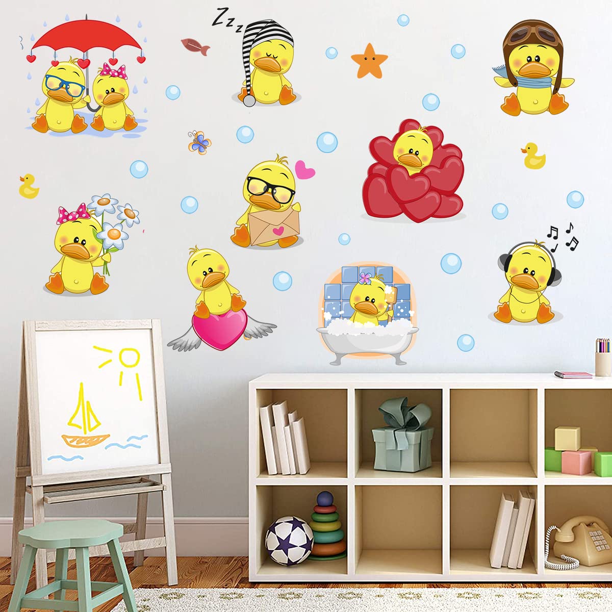 WOYINIS Cute Yellow Duck Wall Decals - Peel & Stick Removable Duck with Bubbles Sticker Set for DIY Kids Room, Playroom & Bathroom Decor - Perfect for Summer Nursery Wall Art and Baby Shower Decorations