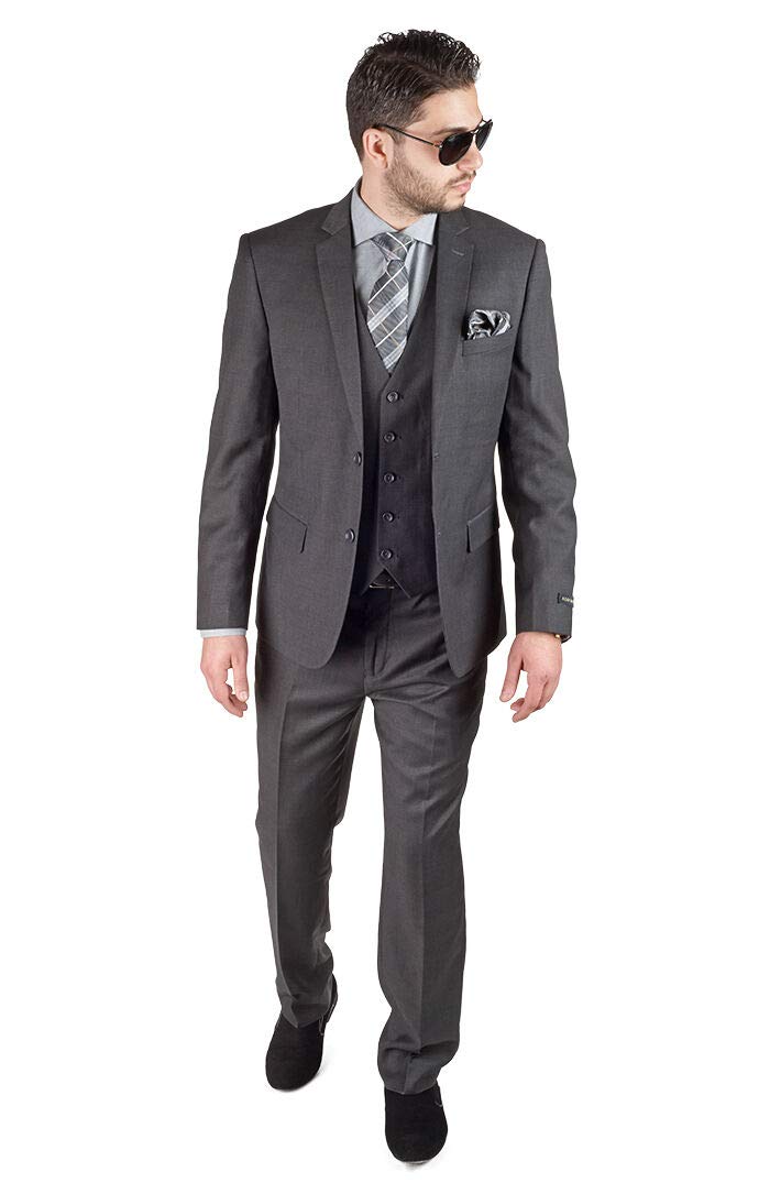 AZAR Slim Fit 3-Piece Vested Suit for Men - Dark Charcoal Grey Solid Color, 2-Button Notch Lapel | Perfect for Business Meetings, Weddings & Formal Events