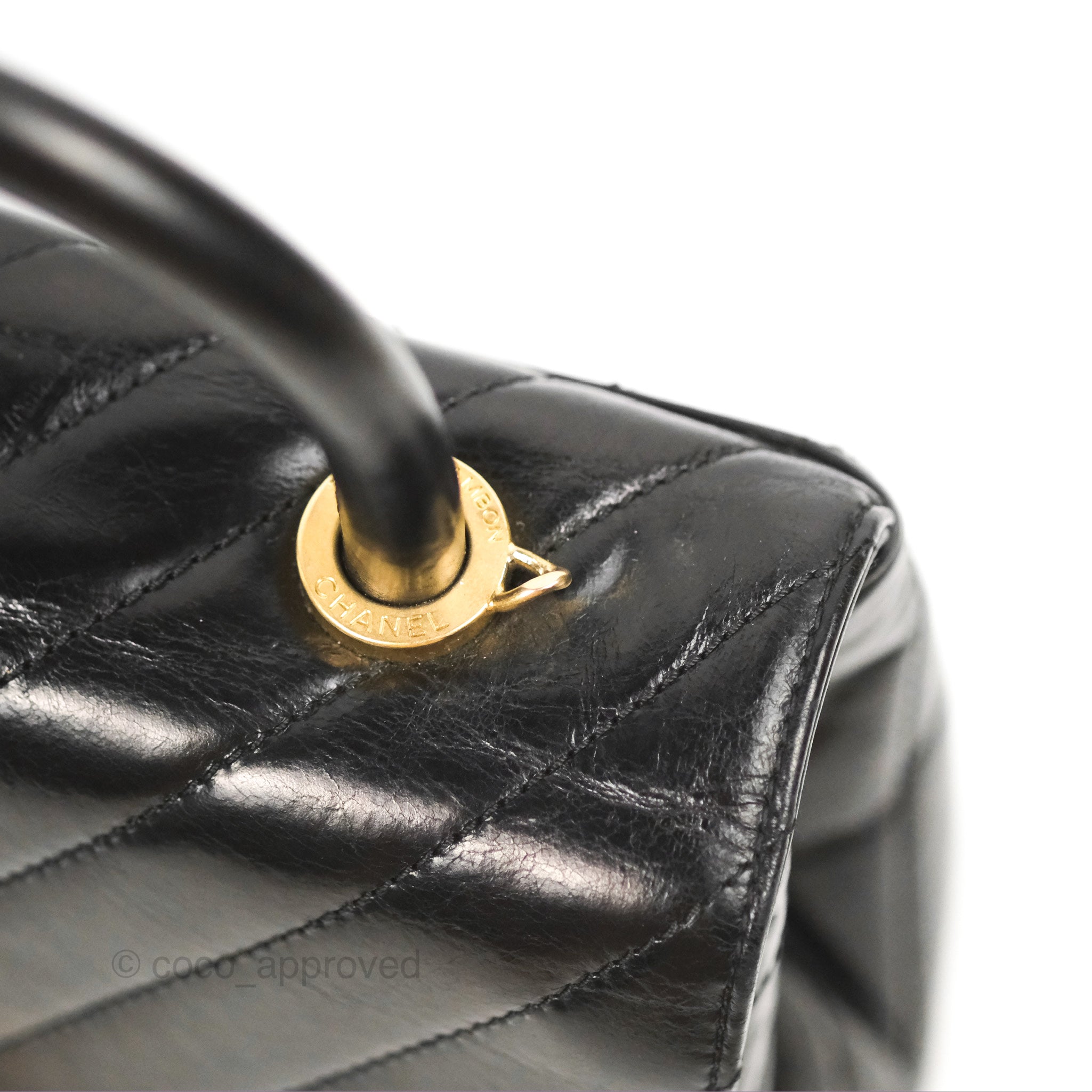 Chanel Chevron Small Coco Handle Bag - Black Shiny Aged Calfskin with Aged Gold Hardware | Luxury Crossbody Purse for Women, Perfect for Evening Parties & Date Nights
